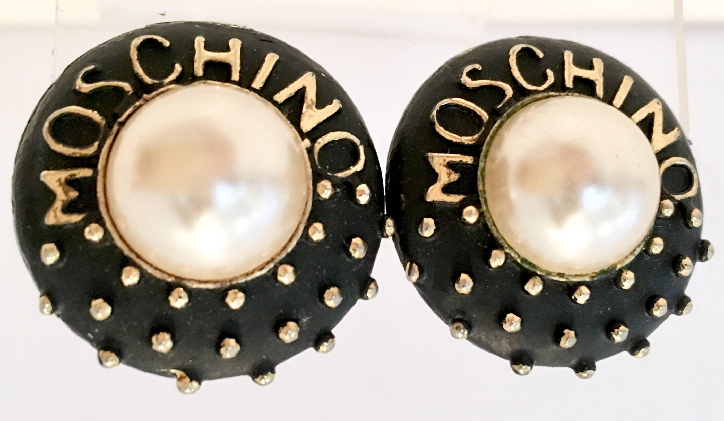 Moschino Gold Plate Faux Pearl & Enamal Stud Logo Earrings In Good Condition In West Palm Beach, FL
