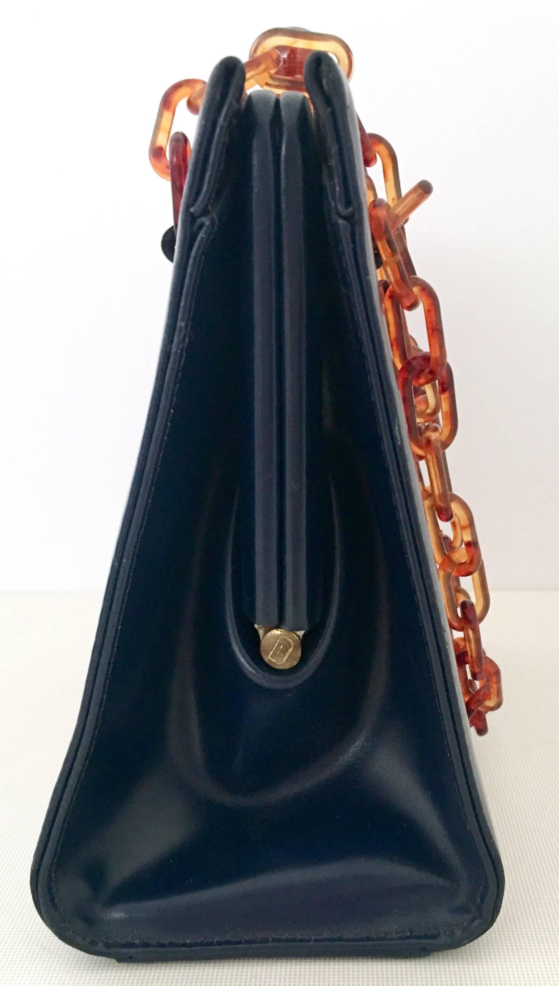 Black 50'S Dofan France Navy Leather & Faux Tortoise Bakelite Hand Bag