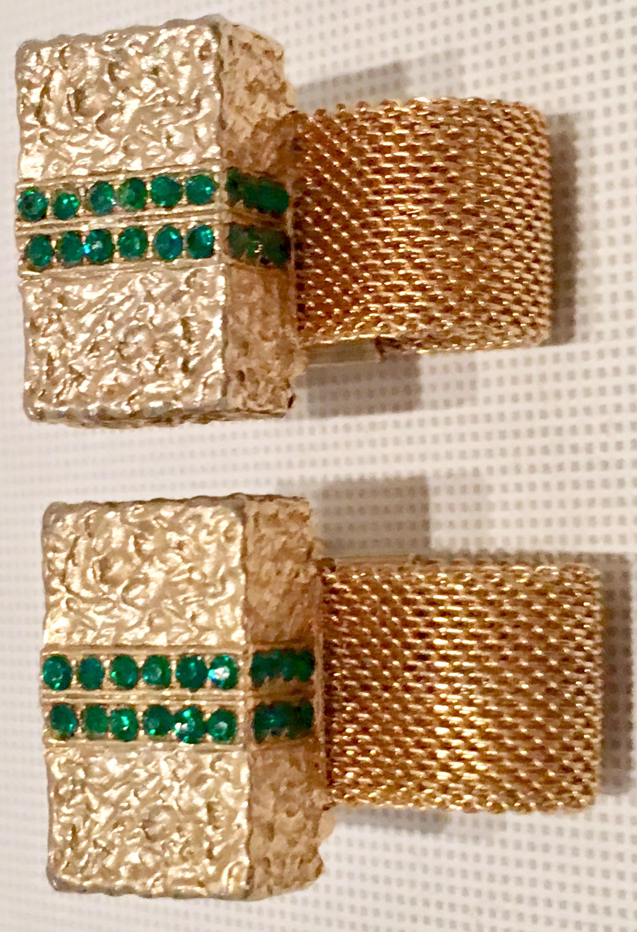 Women's or Men's 20th Century Gold Mesh & Emerald Crystal Rhinestone Cufflinks For Sale