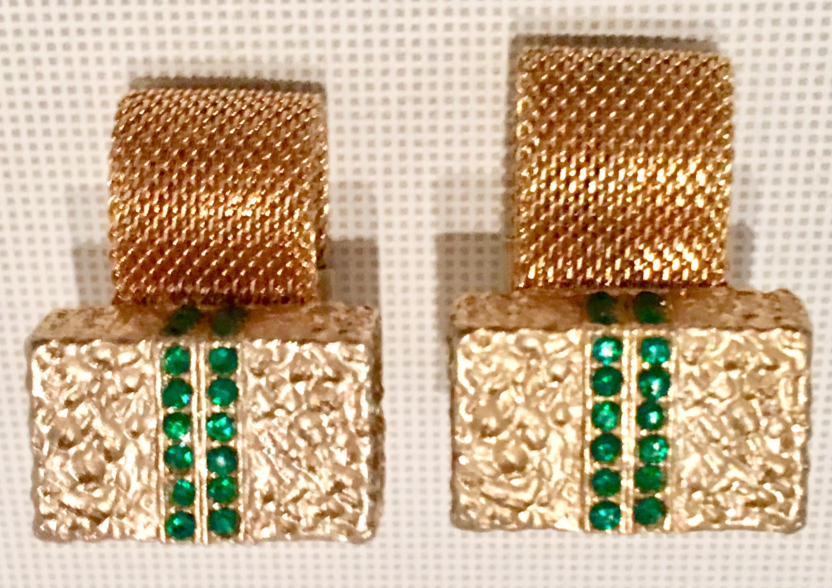 20th Century Gold Plate Metal Mesh & Emerald Green Paste Set Swarovski Crystal Rhinestone Cuff Links.