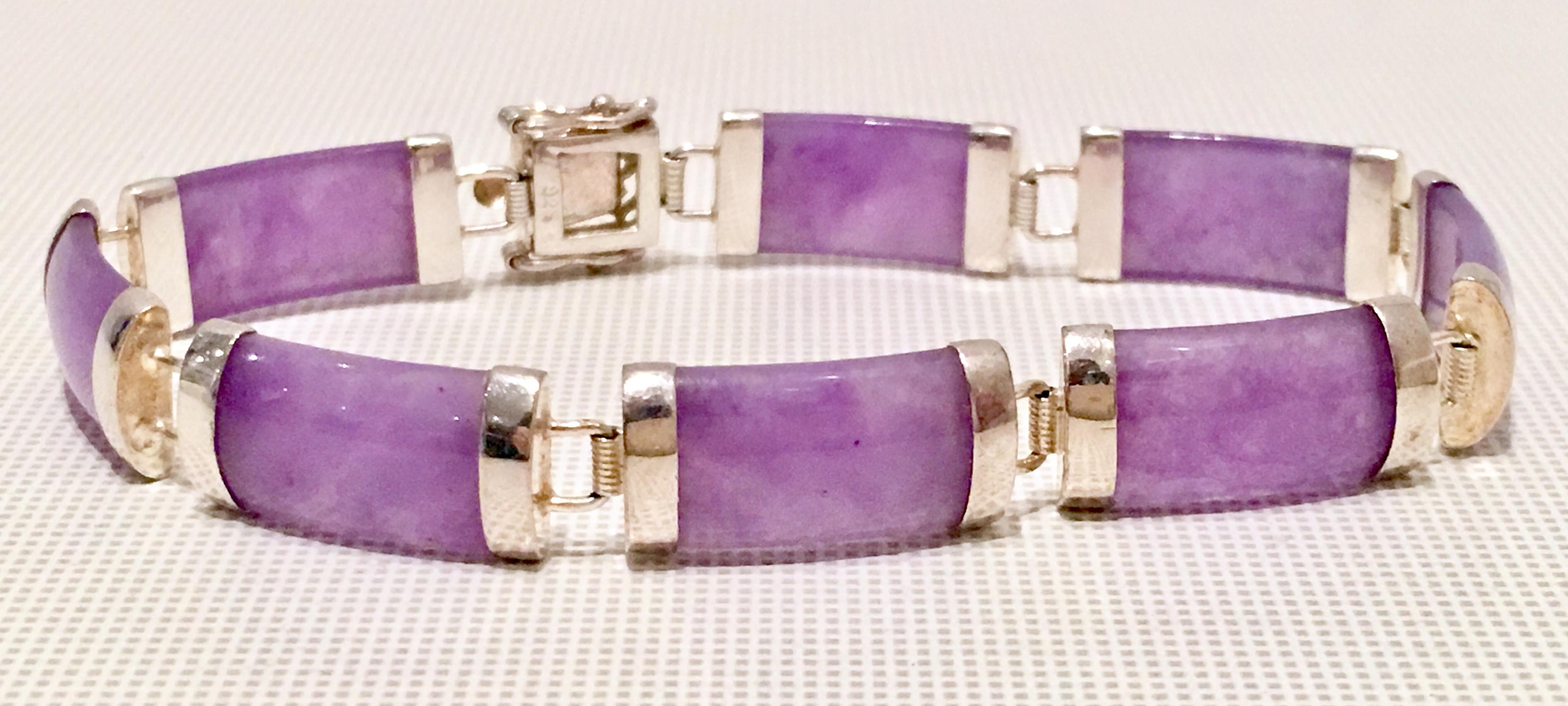 1970'S Italian Sterling Silver & Lavender Jade Chinese Symbol Link Bracelet. Marked 925-Italy. This sterling and lavender jade panel bracelet features, eight jade and sterling curved and rectangular links measuring approximately, .75
