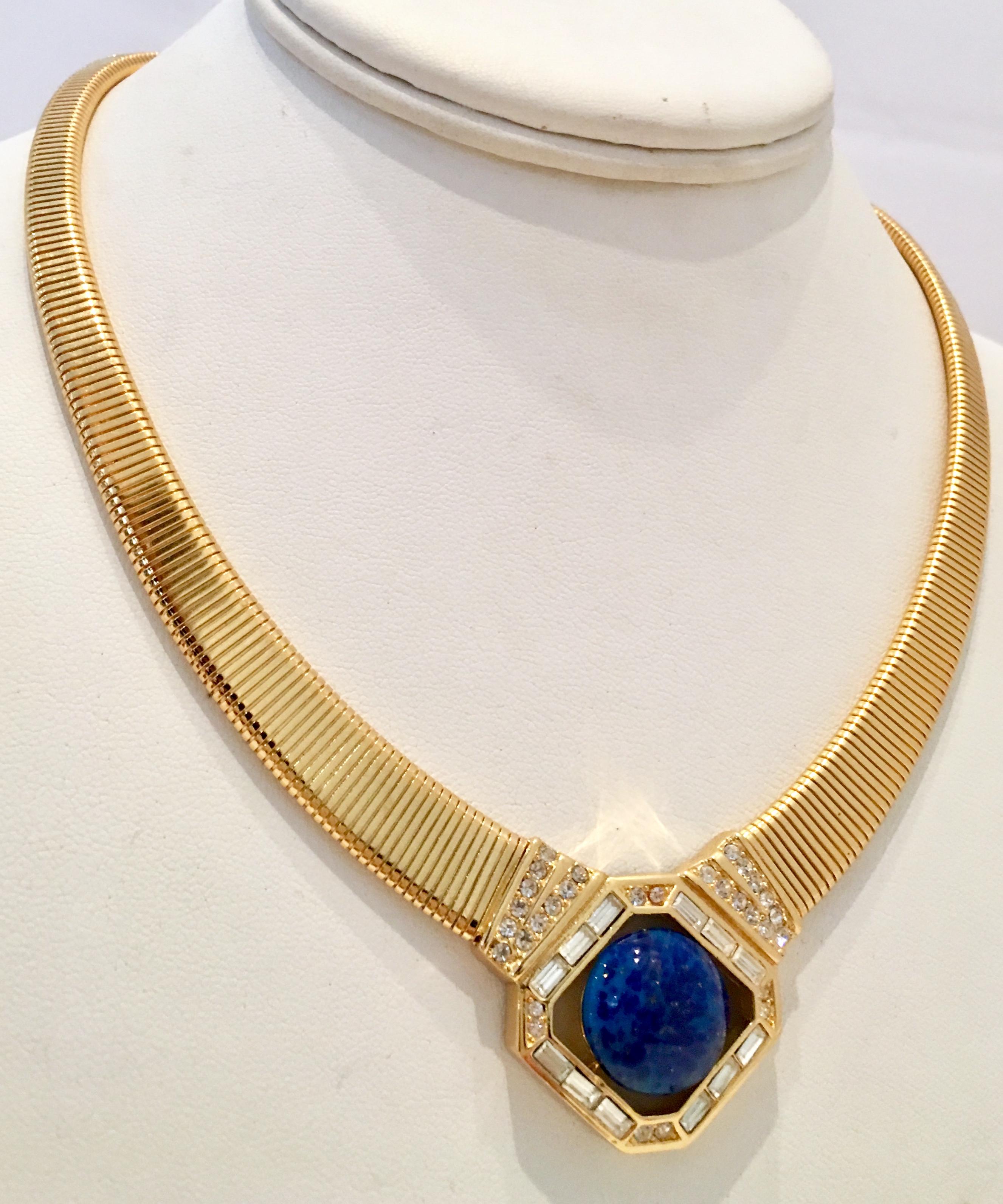 70'S Gold Faux Lapis Lazuli & Cyrstal Rhinestone Necklace By, Christian Dior In Excellent Condition In West Palm Beach, FL