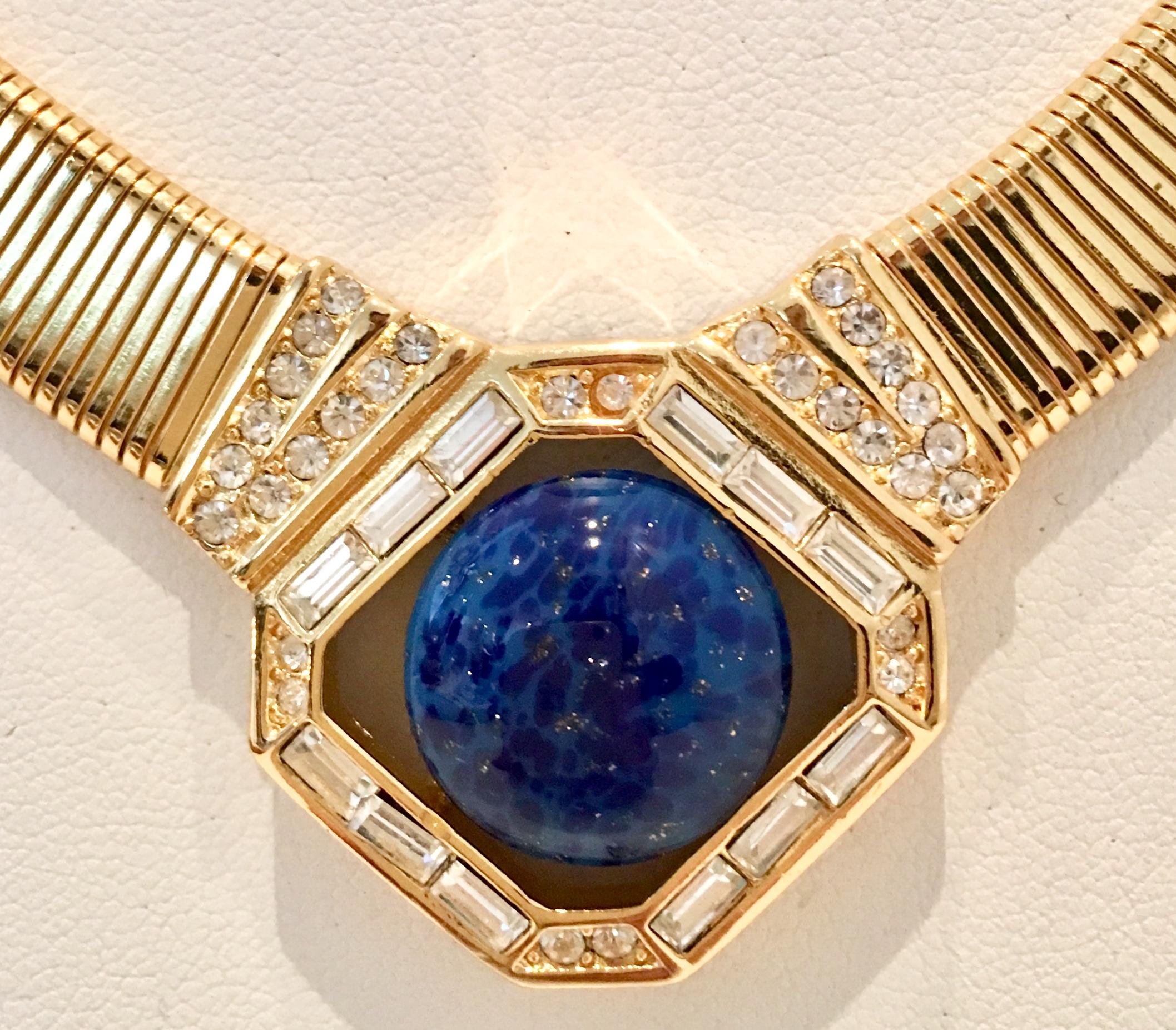 70'S Gold Faux Lapis Lazuli & Cyrstal Rhinestone Necklace By, Christian Dior 1