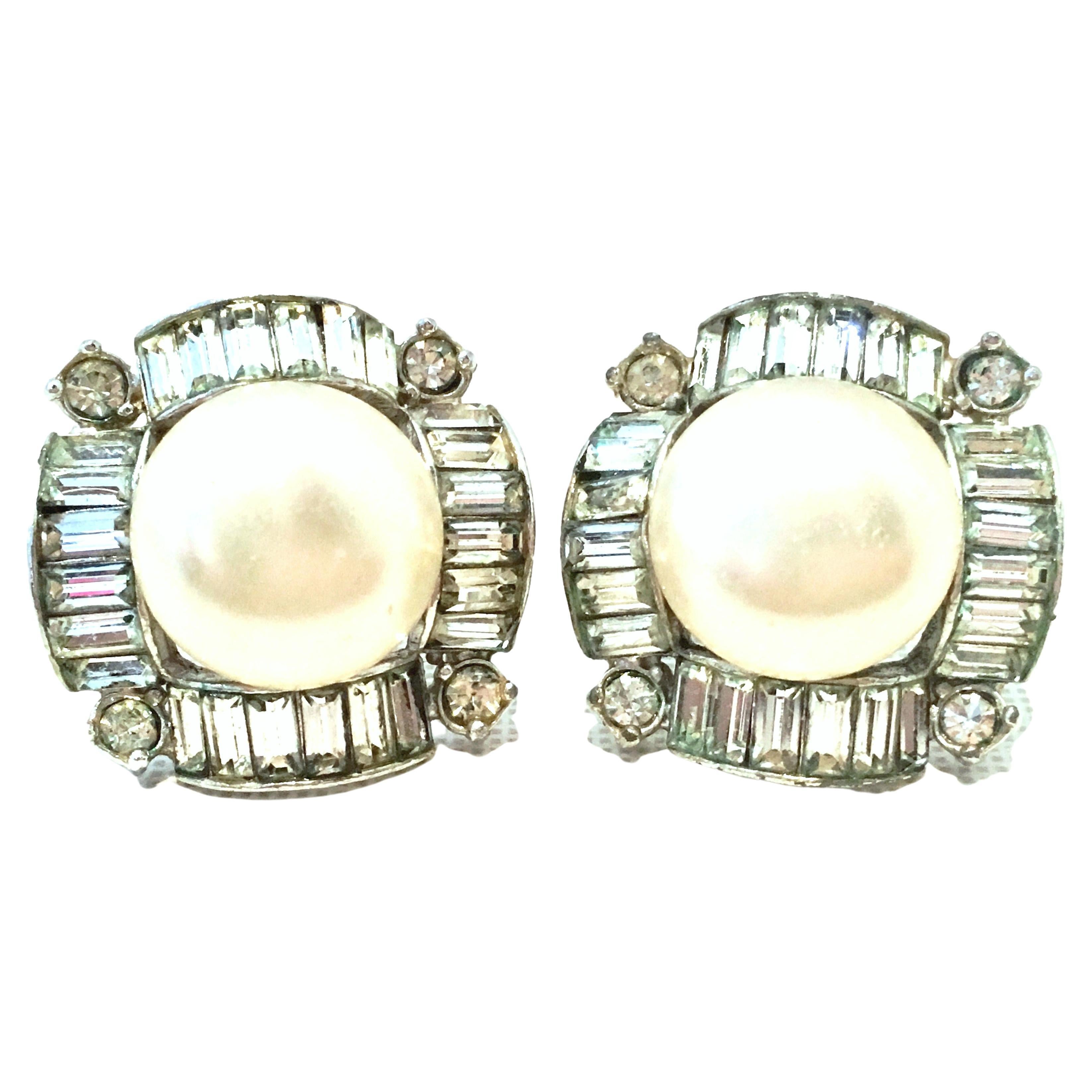 Mid-20th Century Silver, Faux Pearl & Austrian Crystal Earrings By, Marvella For Sale