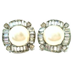 Vintage Mid-20th Century Silver, Faux Pearl & Austrian Crystal Earrings By, Marvella