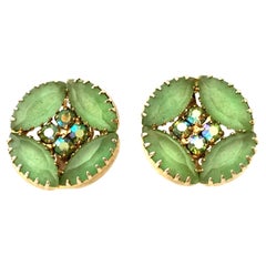 Vintage 60'S Pair Of Frosted Art Glass & Swarovski Crystal Gold Tone Earrings