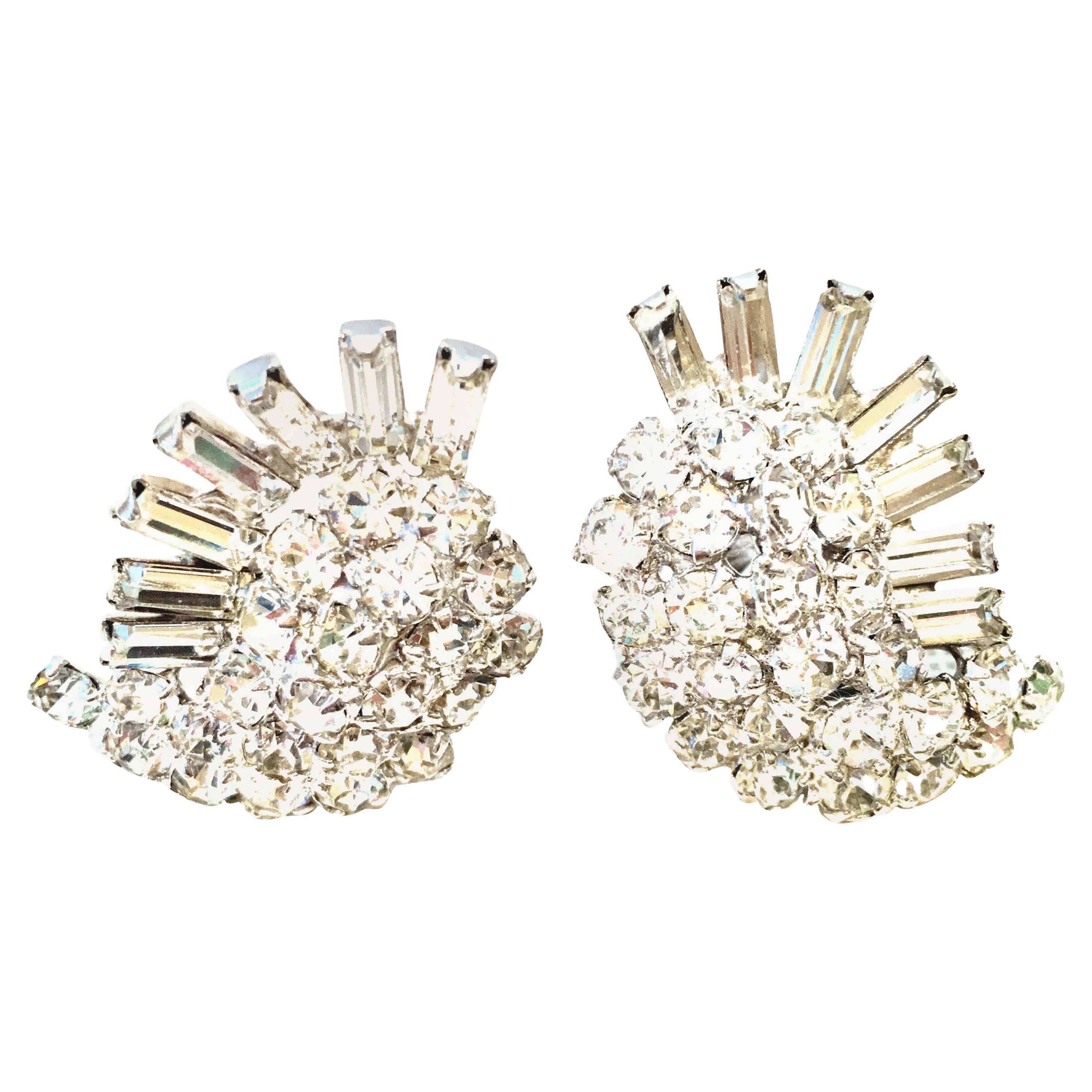 60's Weiss Style Silver & Austrian Crystal "Snail" Form Earrings For Sale