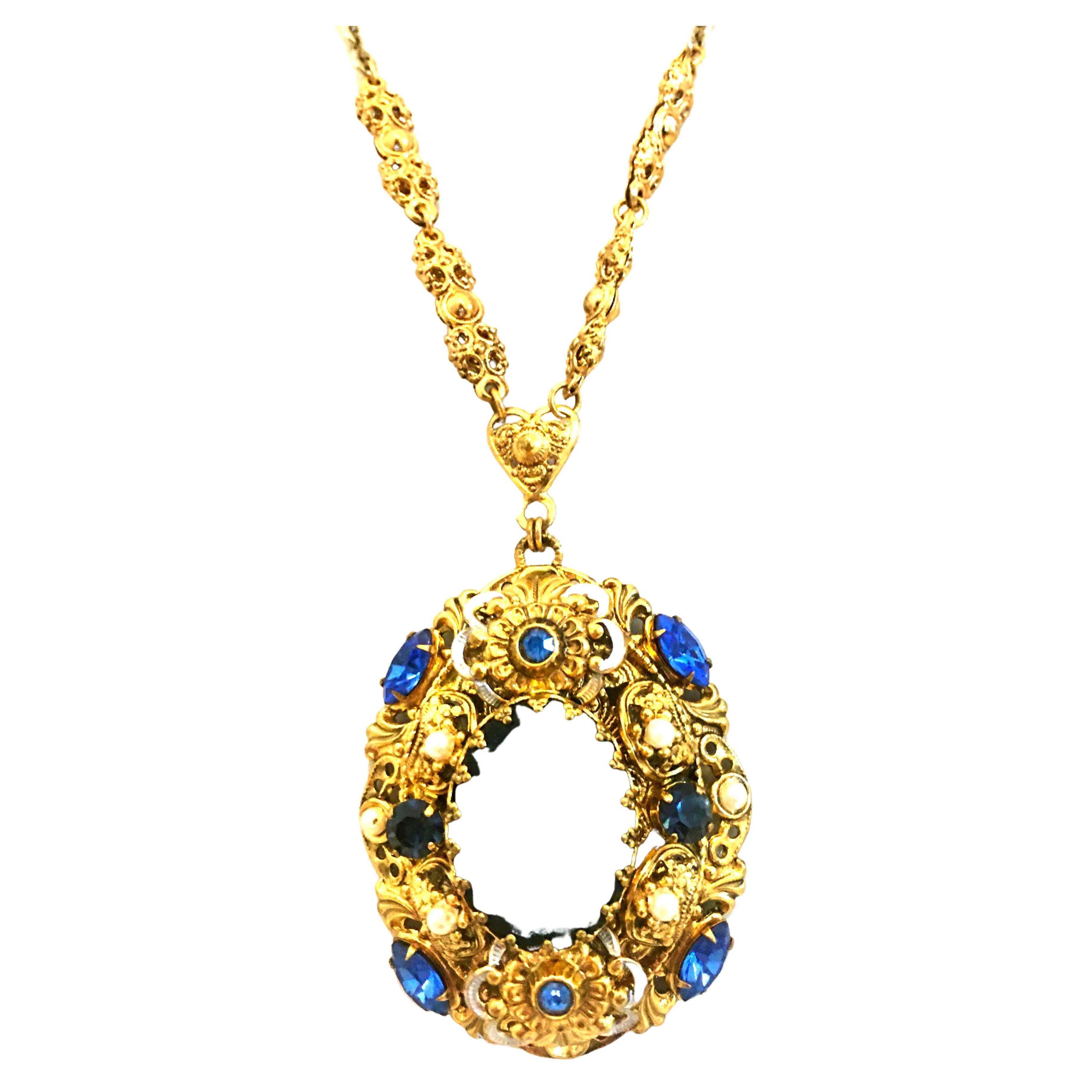 20th Century Gold Plate & Blue Sapphire And Faux Pearl Crystal Bohemia  Necklace For Sale