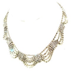 Vintage 20th Century Art Deco Style Silver Plate & Austrian Crystal Swag Choker Necklace