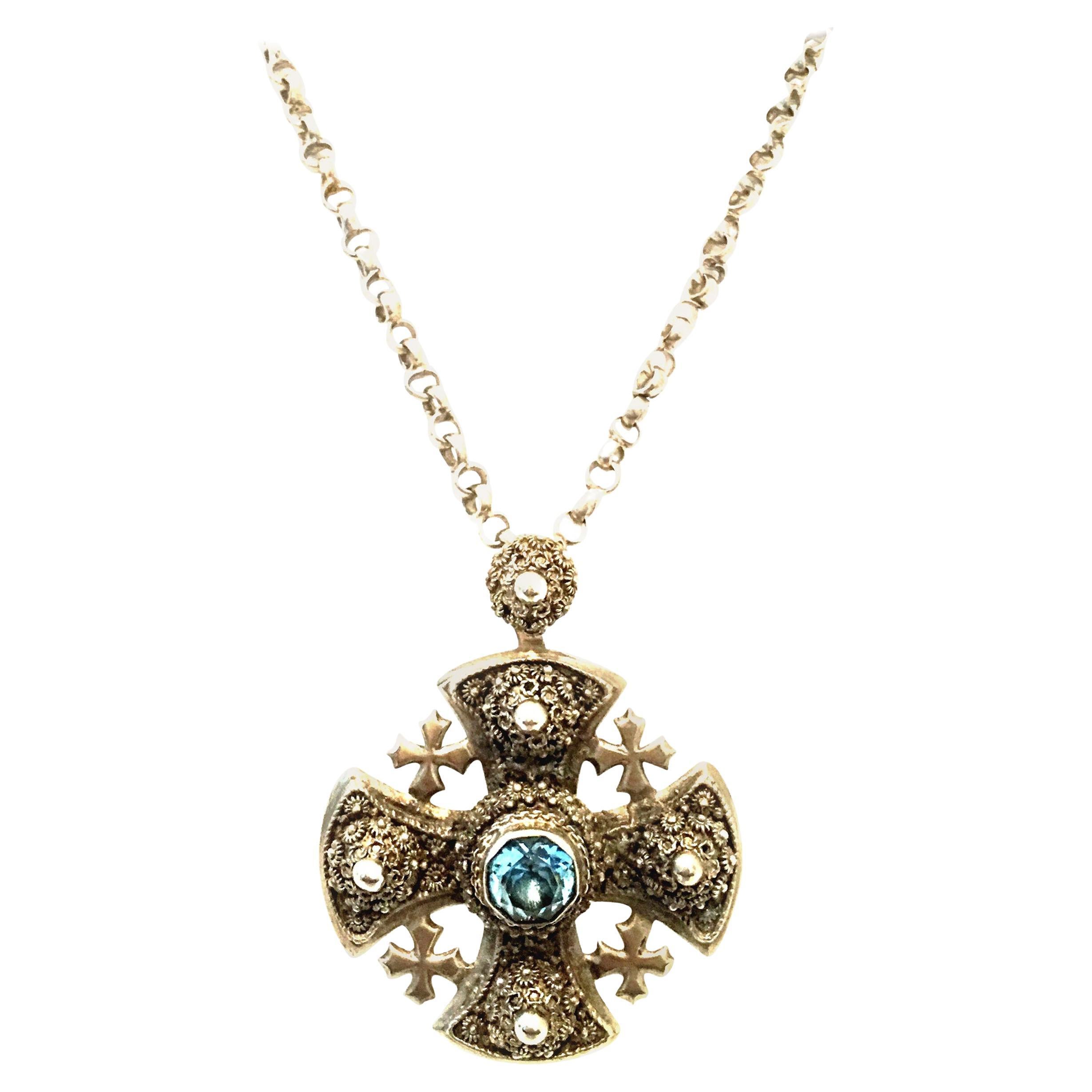20th Century Sterling Silver & Blue Topaz Maltese Cross Pendant Necklace For Sale