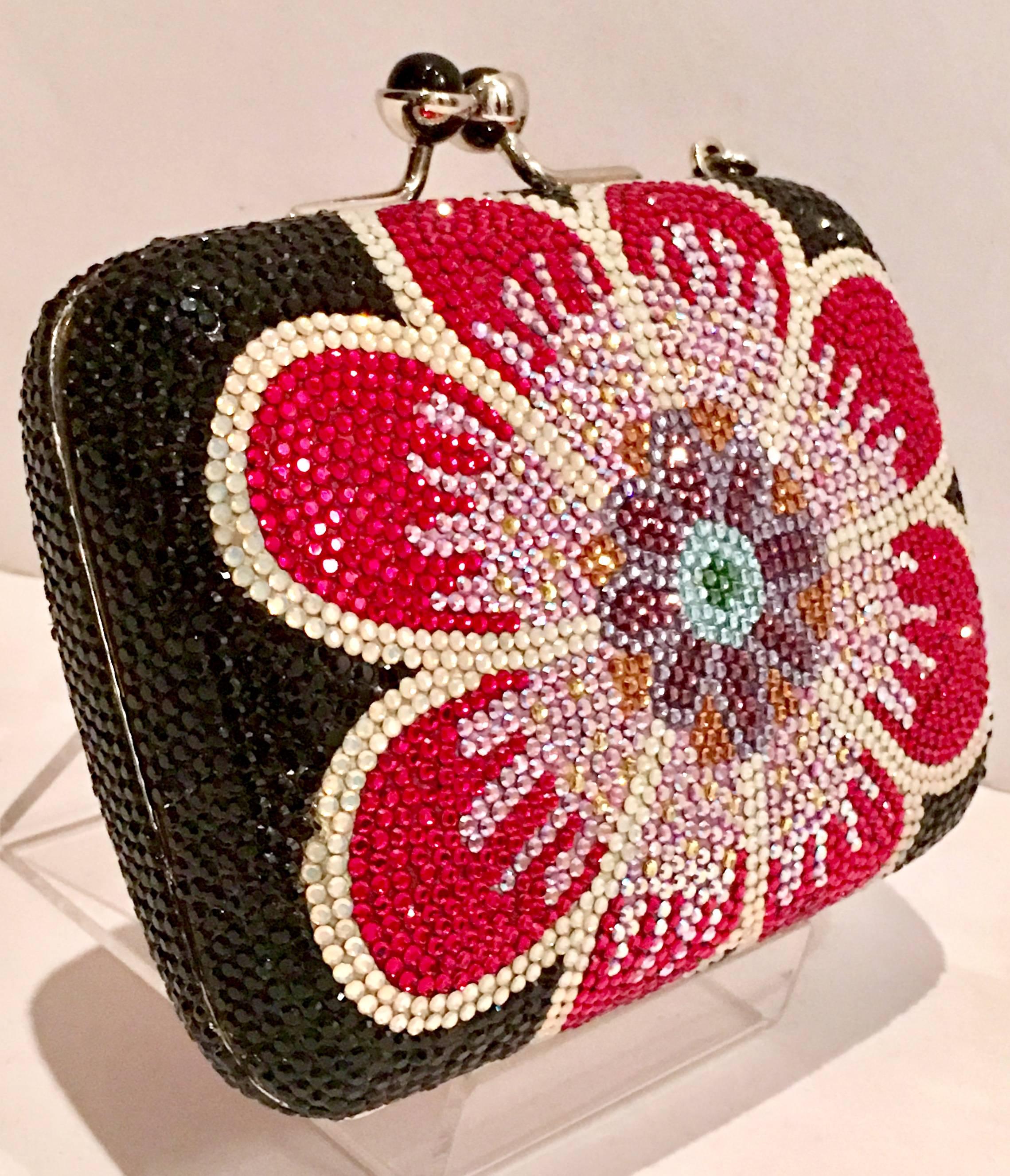 Judith Leiber Swarovski Crystal Couture Floral Minaudiere Box Evening Bag In Excellent Condition In West Palm Beach, FL