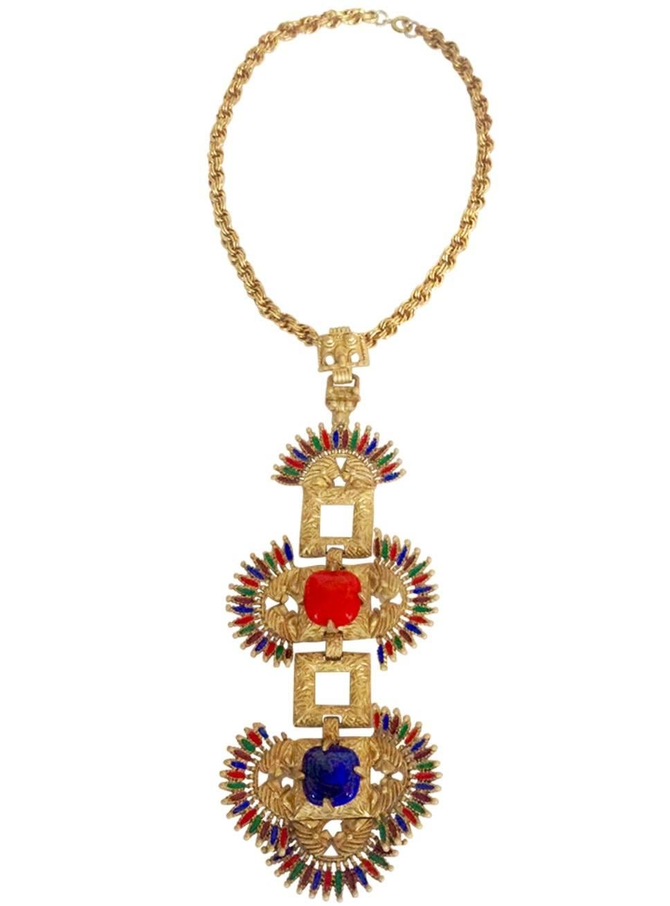 Incredible & rare Larry Vrba for Castlecliff 1970's "Runway" gold plate and enamel pendant necklace, "Kissing Indians". Coral & Lapis faux semi precious glass stones. Enamel details in blue, red, green and wine. This