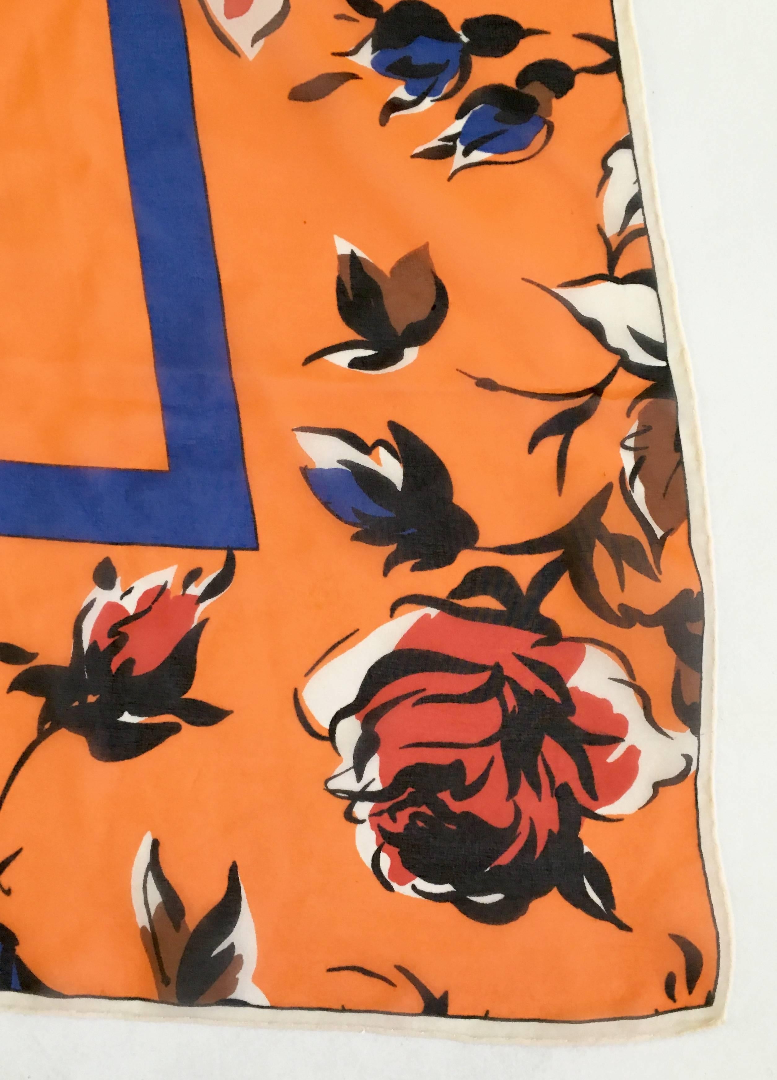 Orange 1970'S Silk Chiffon Floral Edge Logo Scarf By, Yves Saint Laurent