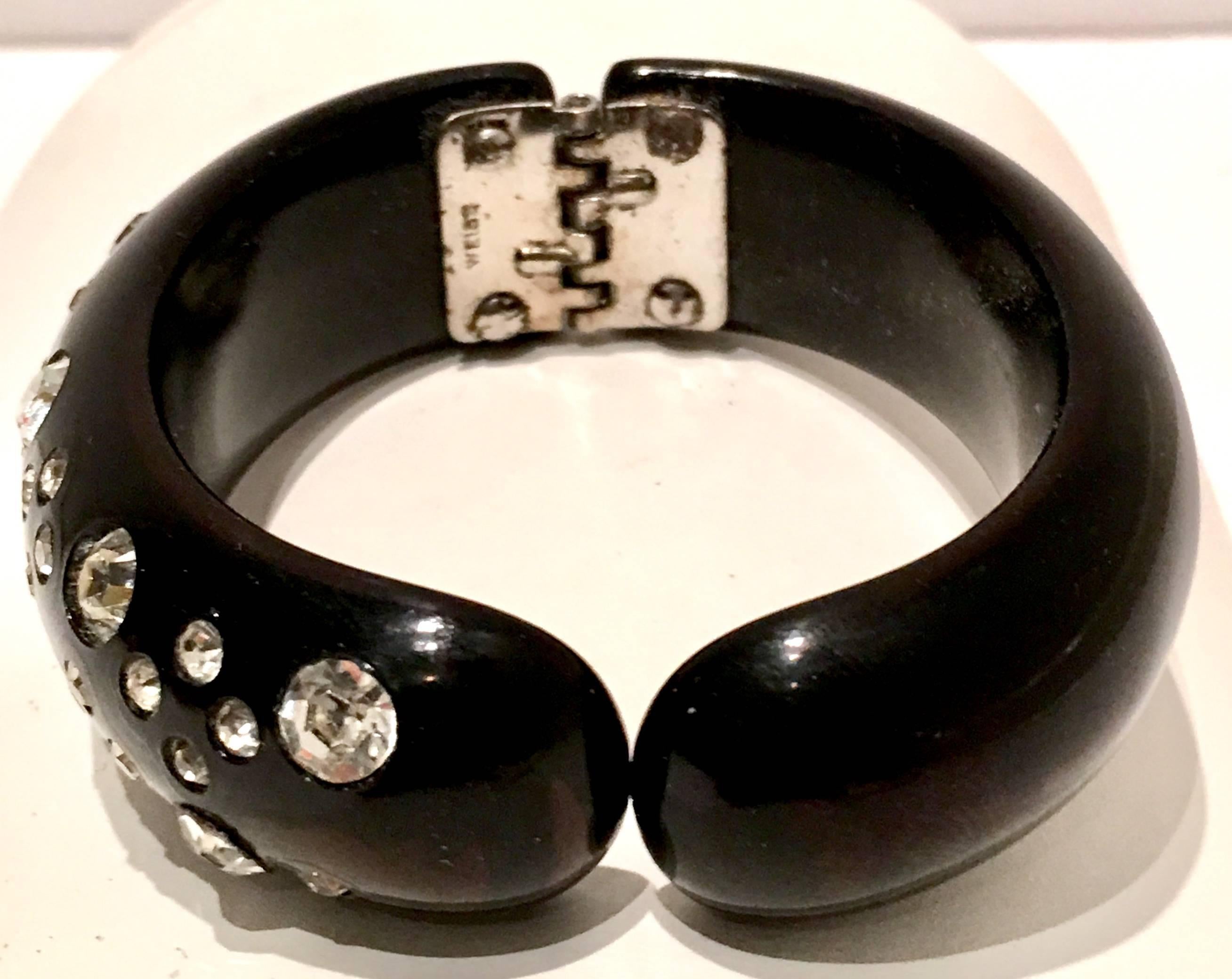 Art Deco 1950'S Weiss Black Thermoplastic & Austrian Crystal Clamper Bracelet  For Sale