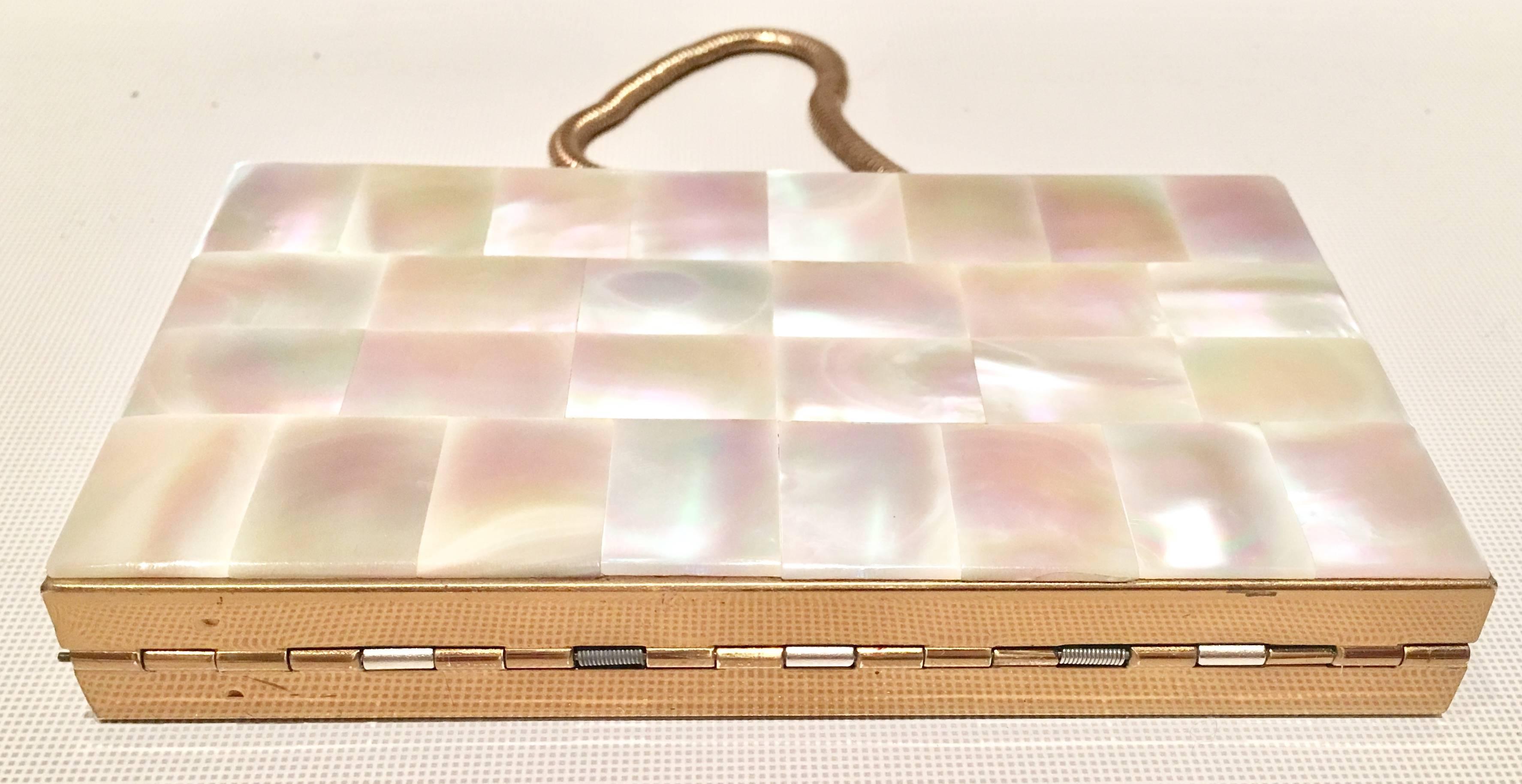 1940'S Mother-of-Pearl and Brass Compact Minaudiere In Excellent Condition In West Palm Beach, FL
