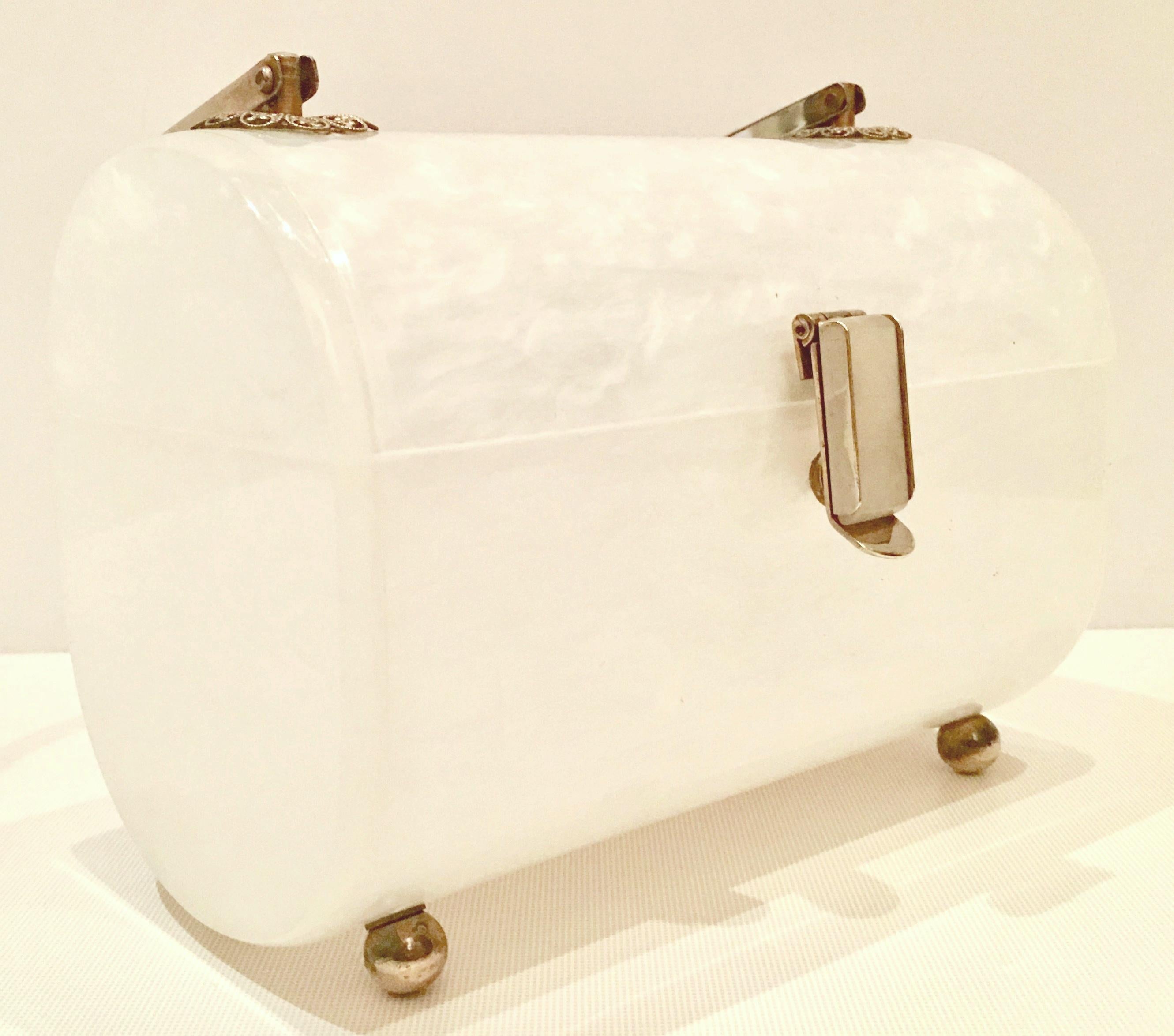 Lucite Marbleized 2-Tone Metal Lunch Box Hand Bag By, Toro NYC In Good Condition For Sale In West Palm Beach, FL
