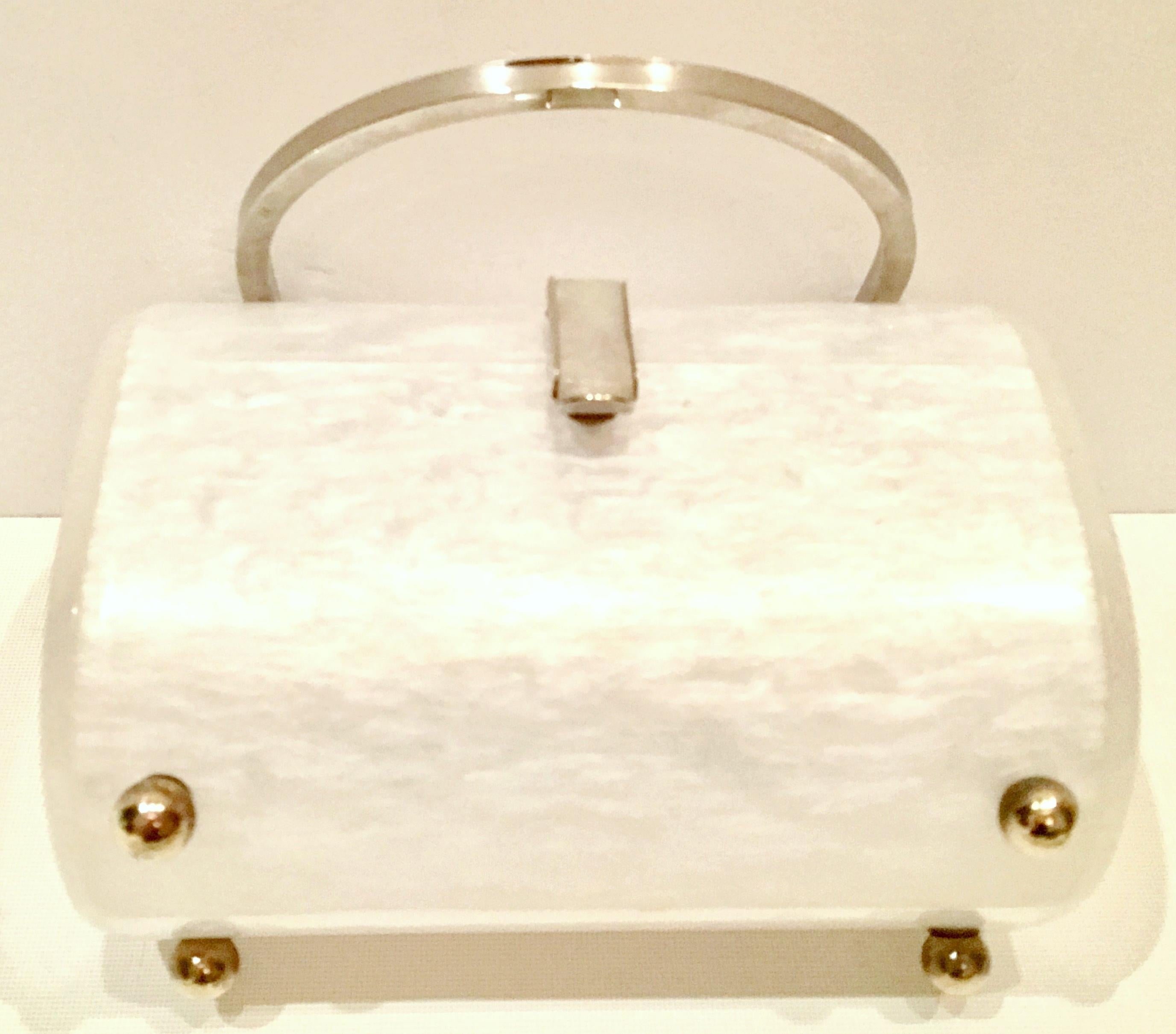 Lucite Marbleized 2-Tone Metal Lunch Box Hand Bag By, Toro NYC For Sale 1