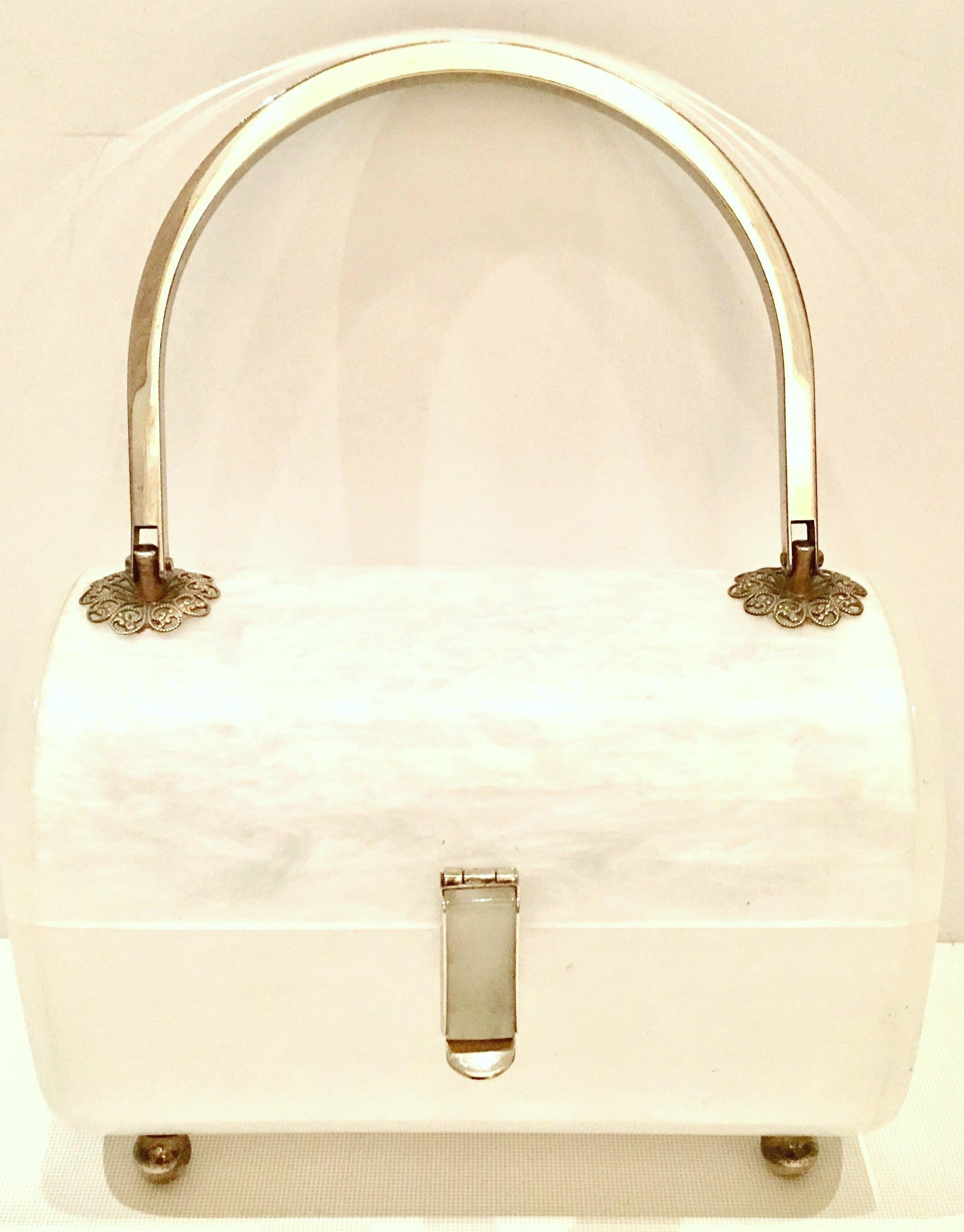 Beige Lucite Marbleized 2-Tone Metal Lunch Box Hand Bag By, Toro NYC For Sale