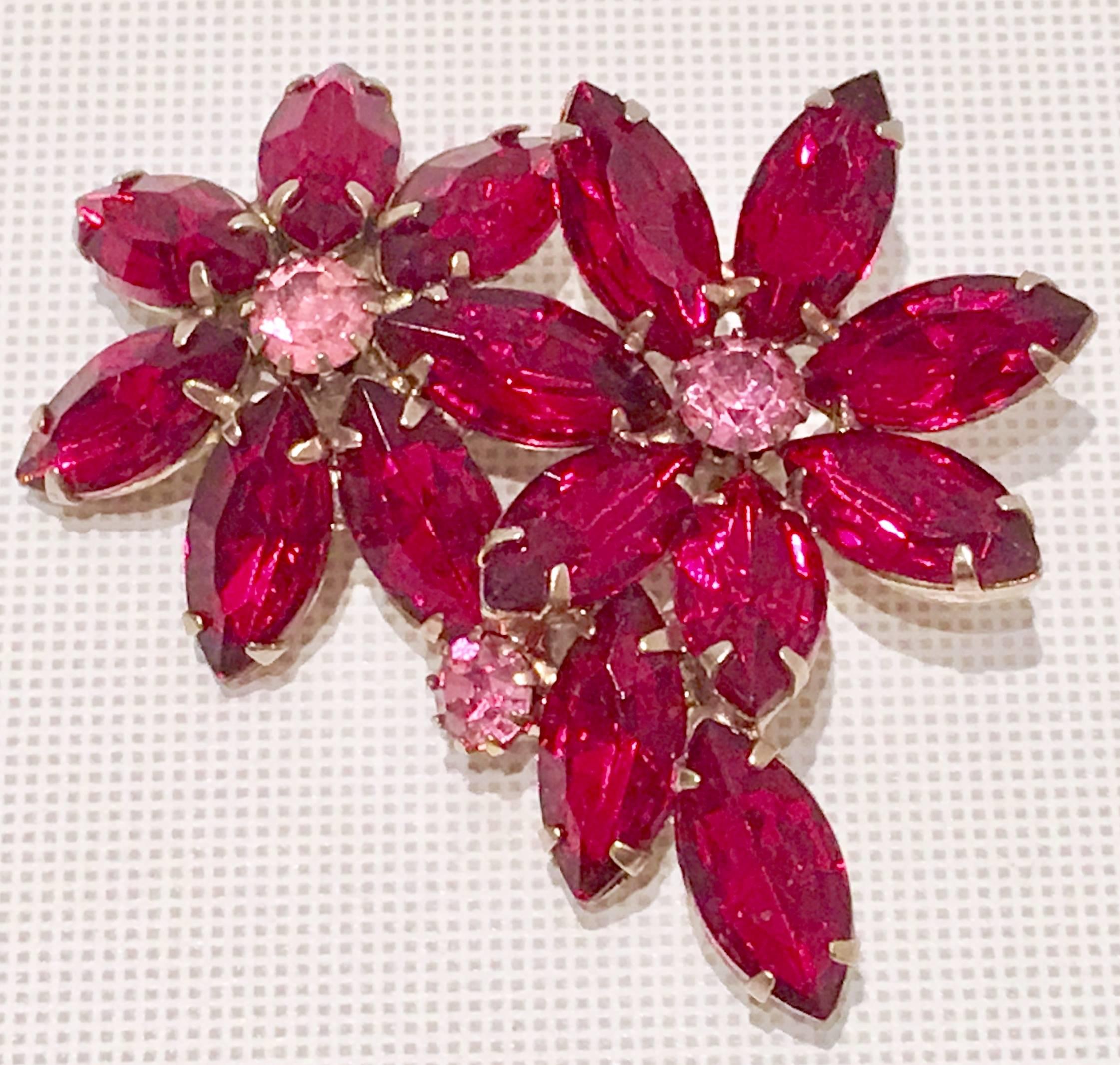 Mid-Century Ruby & Pink Sapphire Austrian Crystal Double Flower Brooch In Excellent Condition In West Palm Beach, FL