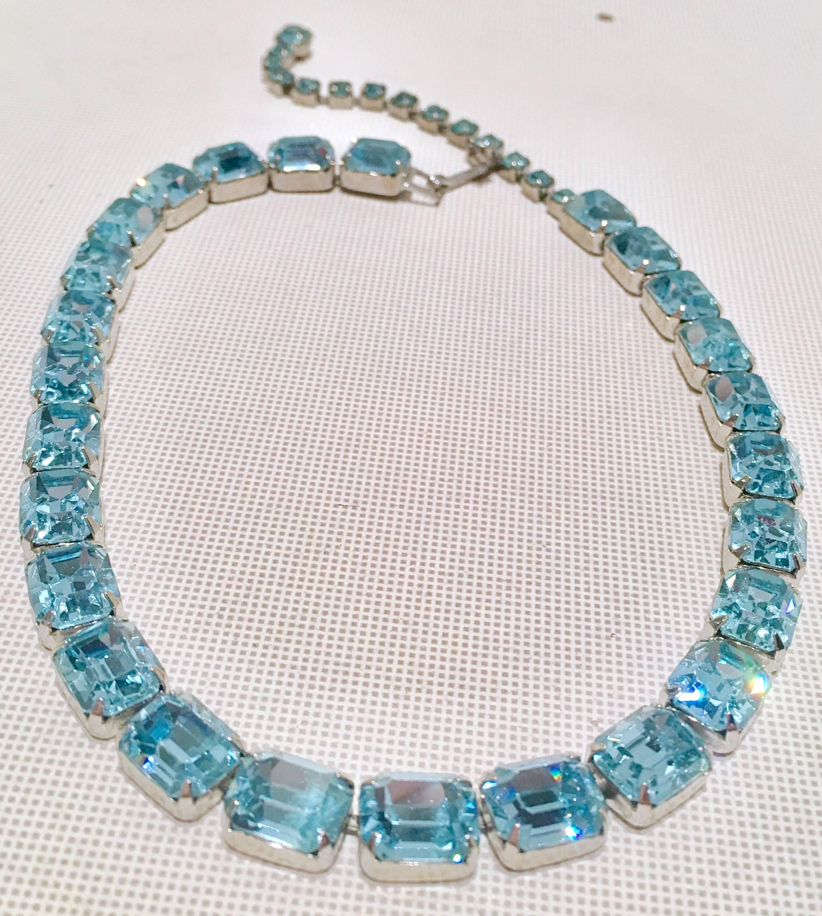 Mid-Century Weiss Sapphire Blue Austiran Crystal Choker Necklace & Earring S/3 In Excellent Condition In West Palm Beach, FL