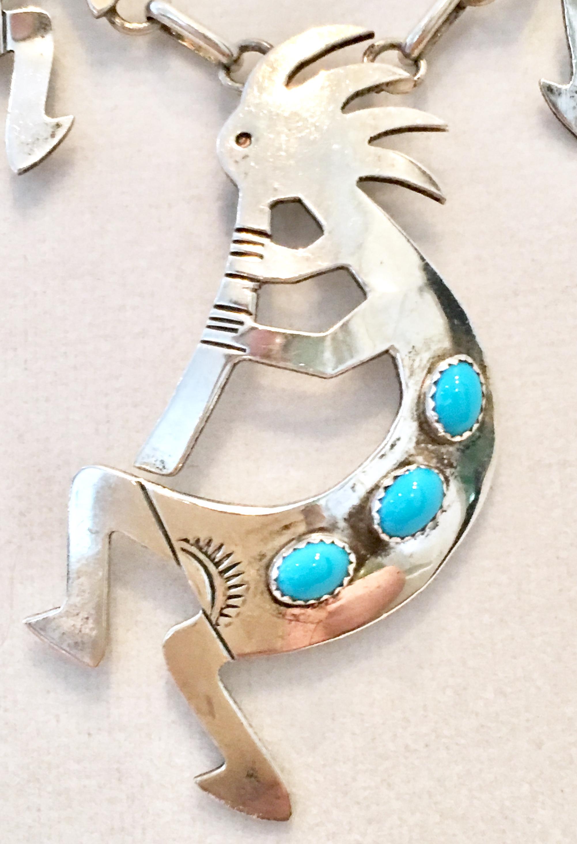 Navajo Sterling & Turquoise Hopi Kokopelli Fertility Style Necklace In Good Condition In West Palm Beach, FL
