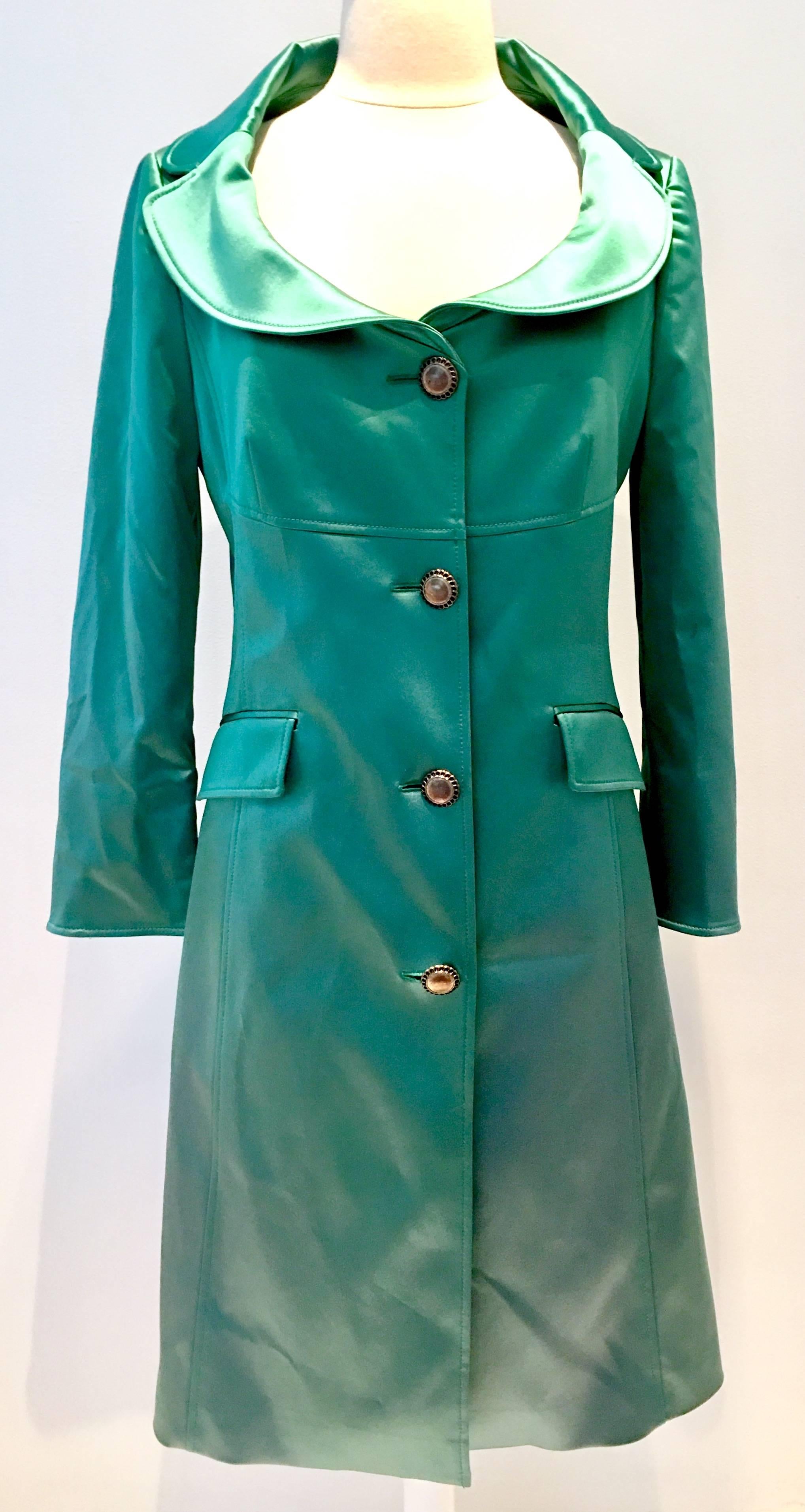 2013 Italian green satin top stitch and brass button Dolce & Gabbana satin evening jacket. This lovely piece is from the 
