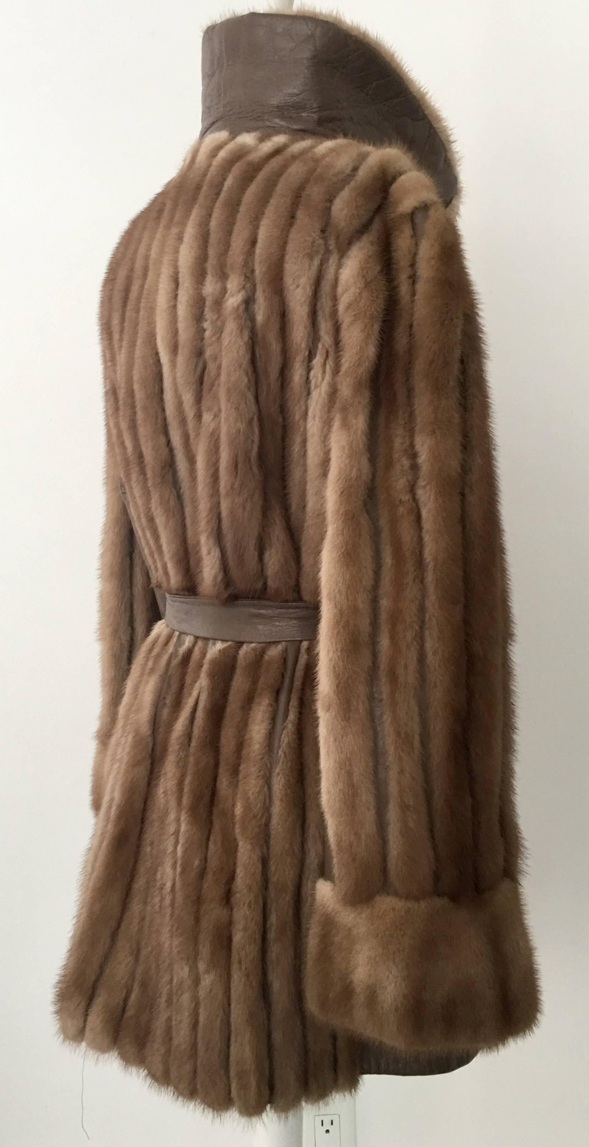 1970'S MOD Mink & Leather Belted Panel Coat In Excellent Condition In West Palm Beach, FL