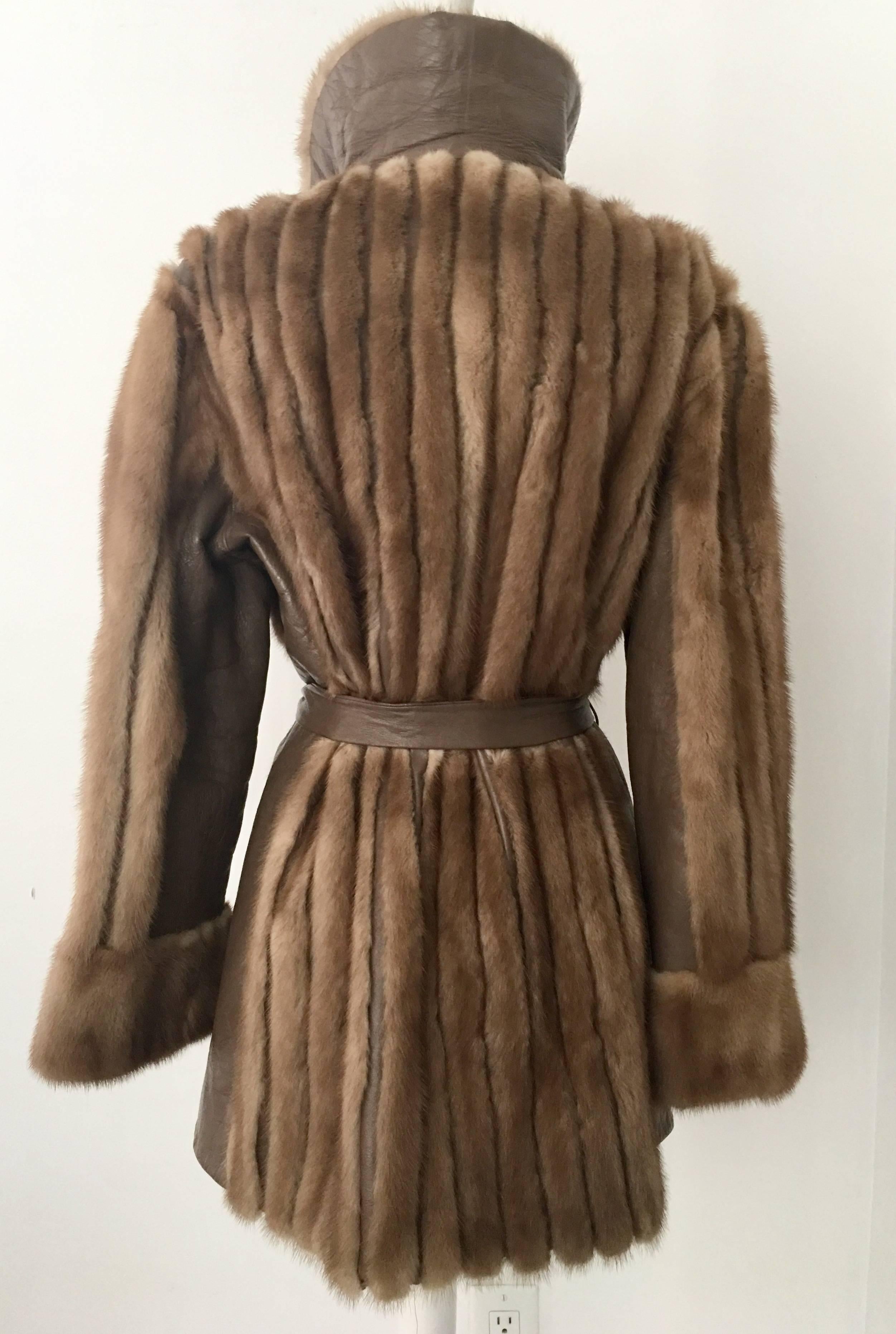 Women's or Men's 1970'S MOD Mink & Leather Belted Panel Coat