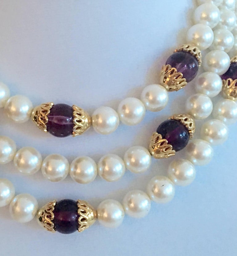 Vintage Napier Triple Strand Pearl and Amethyst Necklace For Sale at
