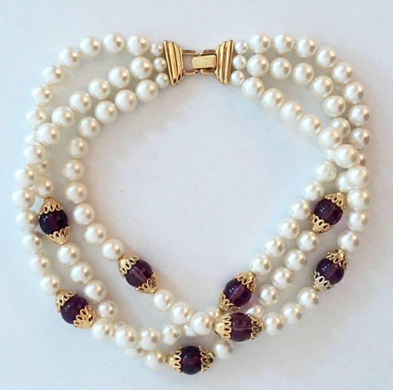 Vintage Napier Triple Strand Pearl and Amethyst Necklace For Sale at