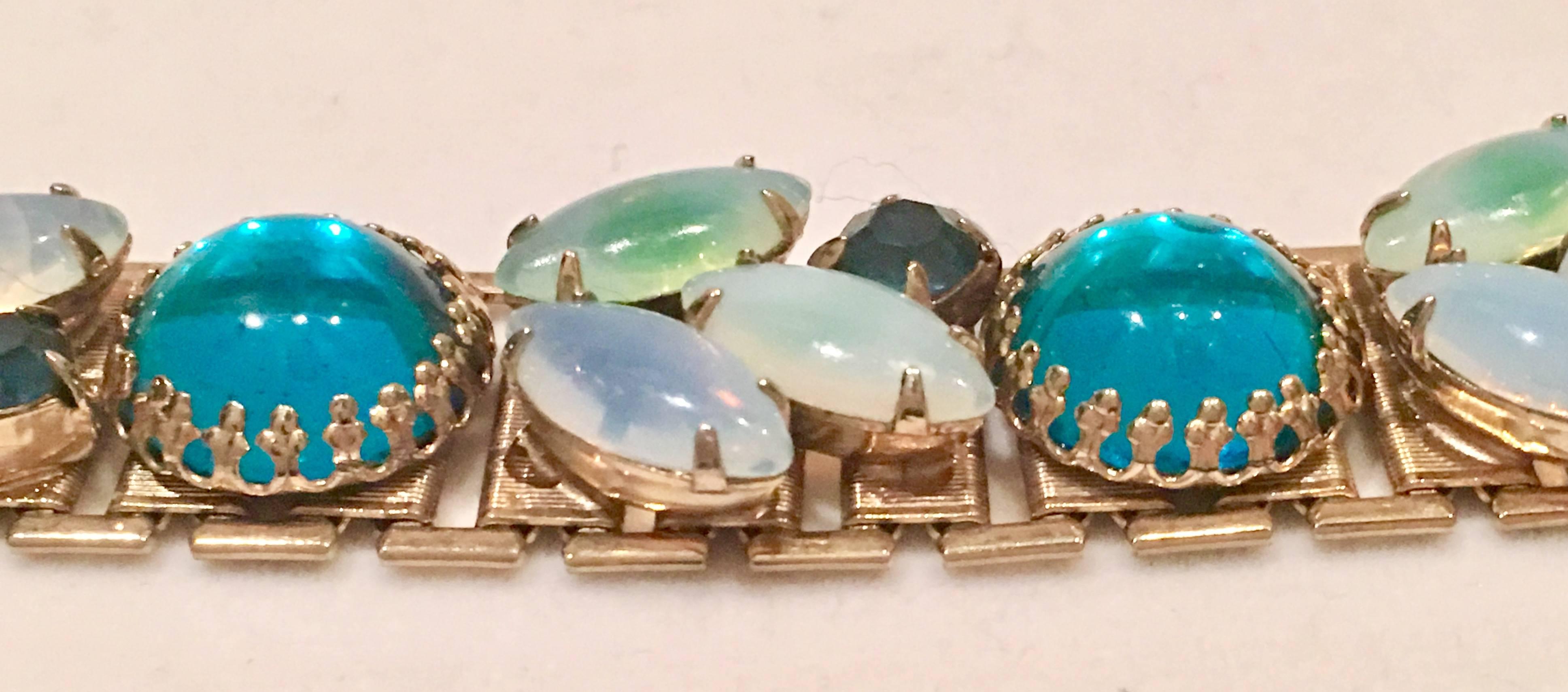 Vintage Schiaparelli Style Gold Plate & Art Glass Bracelet & Earring S/3 2