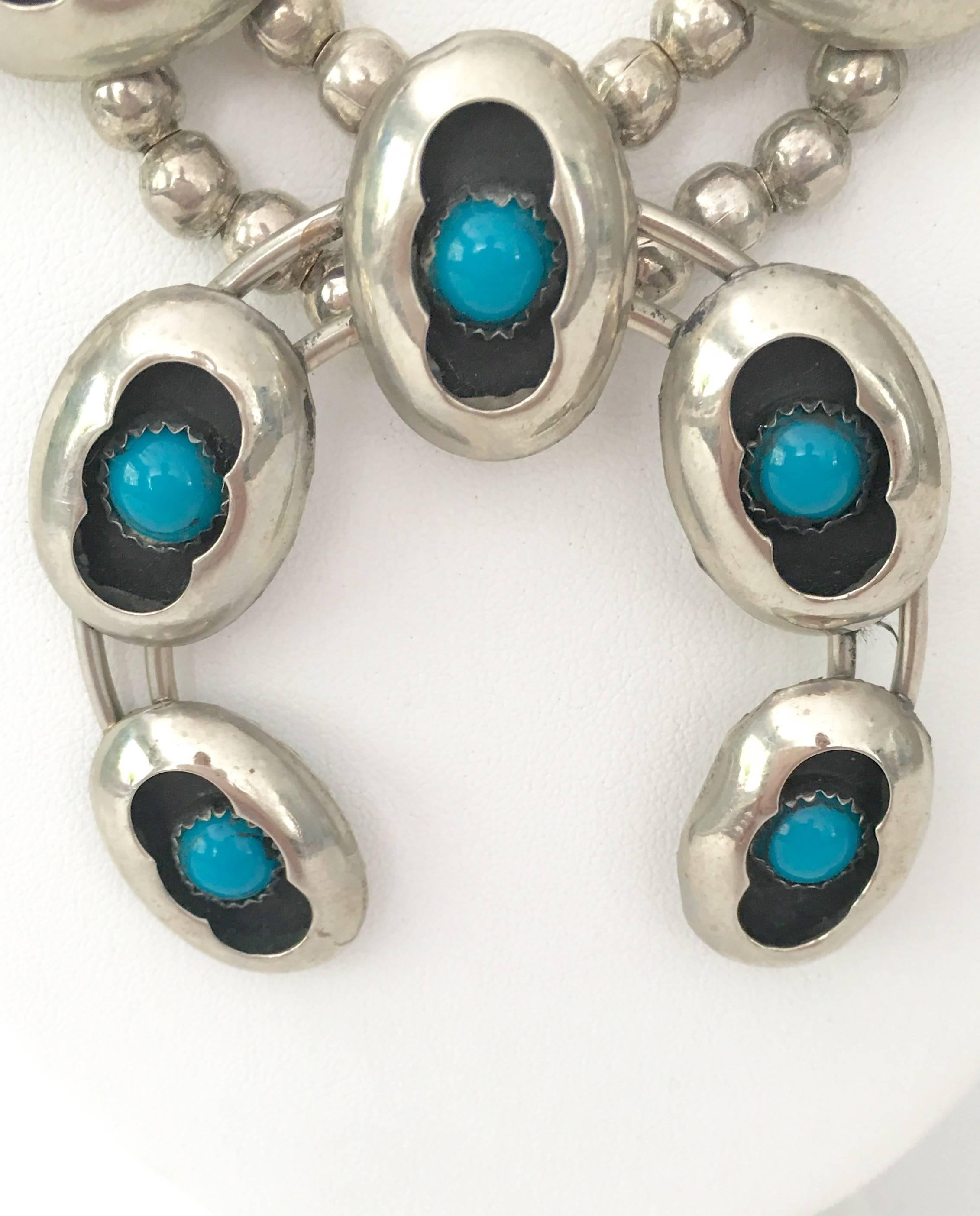 Women's or Men's Navajo Sterling and Turquoise Naja Squash Blossom Necklace