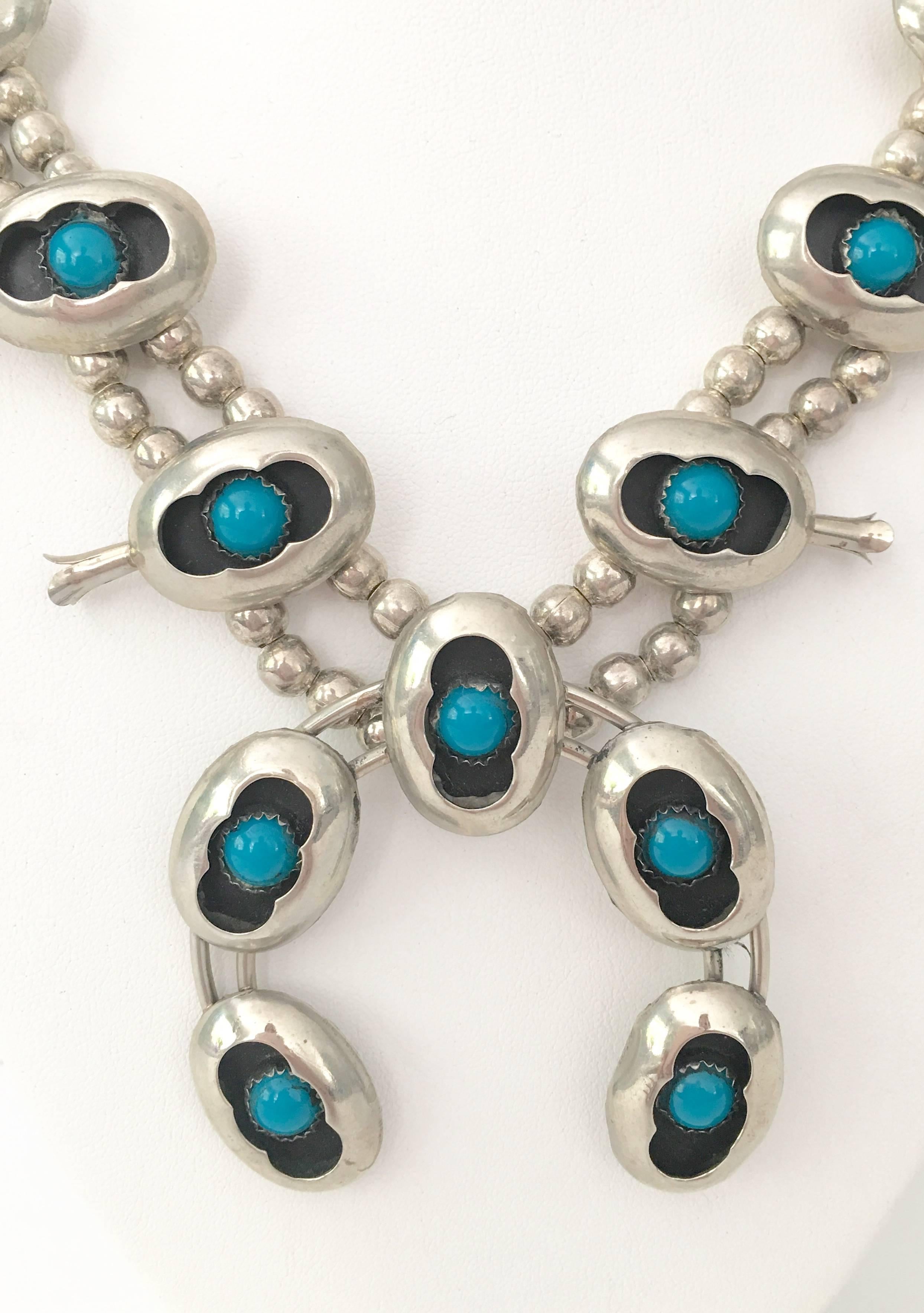 Navajo Sterling and Turquoise Naja Squash Blossom Necklace In Excellent Condition In West Palm Beach, FL