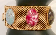 20th Century Gold Metal Mesh & Lucite Cabochon Stone Bracelet By, Coventry