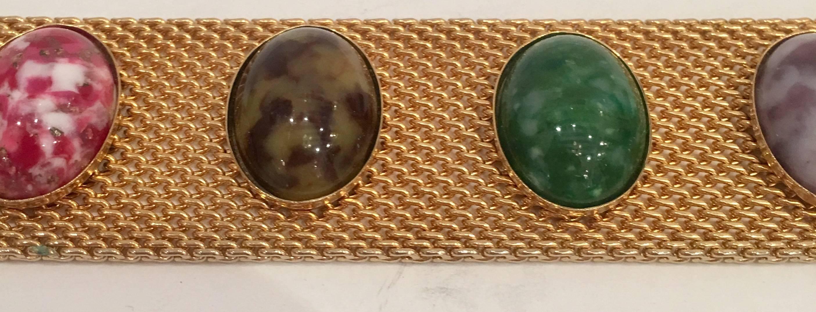 Women's or Men's 20th Century Gold Metal Mesh & Lucite Cabochon Stone Bracelet By, Coventry