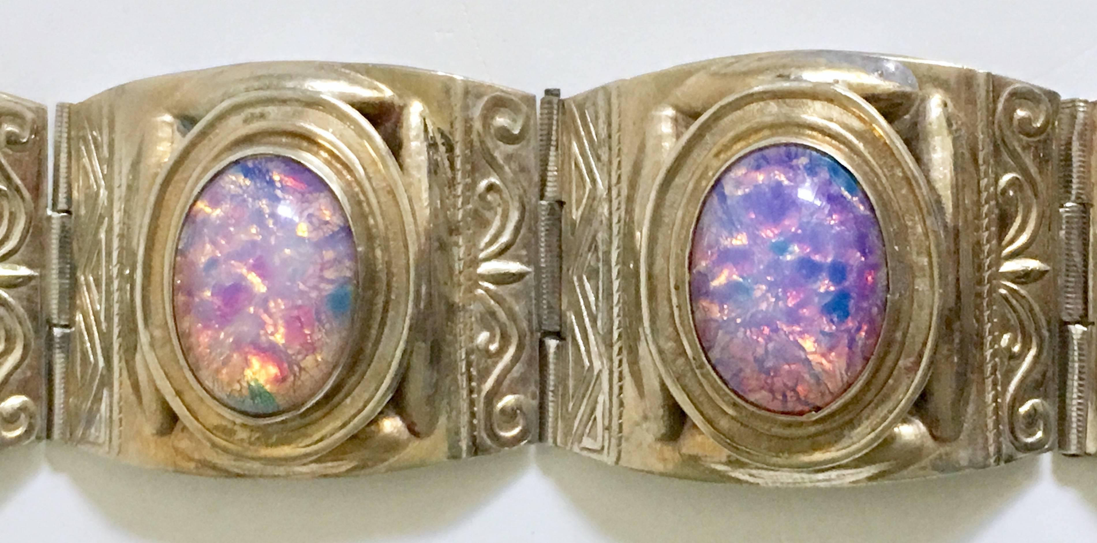 Midcentury Taxco Sterling and Fire Opal Art Glass Panel Bracelet-Signed In Excellent Condition In West Palm Beach, FL