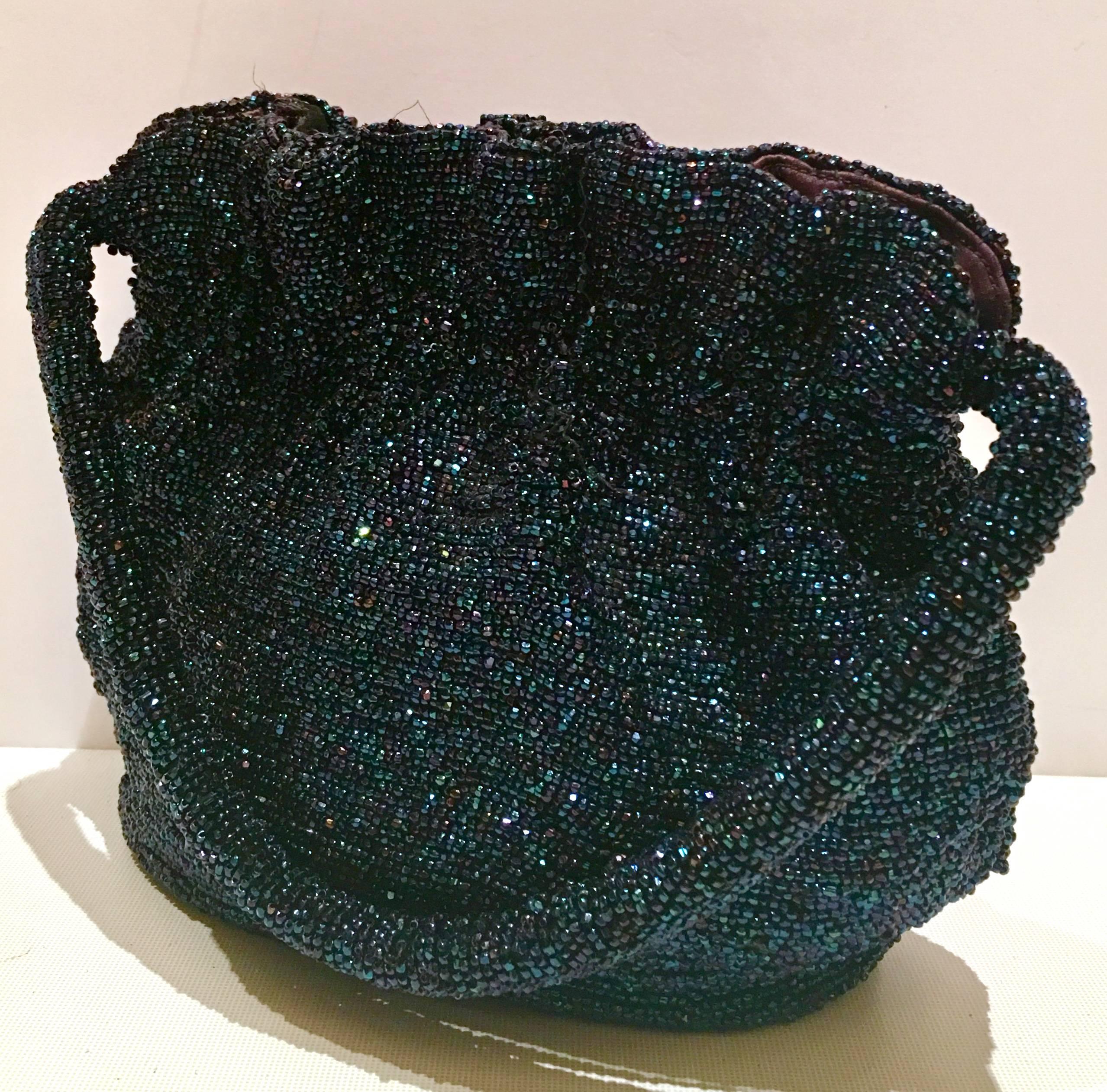 Black 1940'S Beaded Art Glass Iredescent Peacock Blue Hand Bag