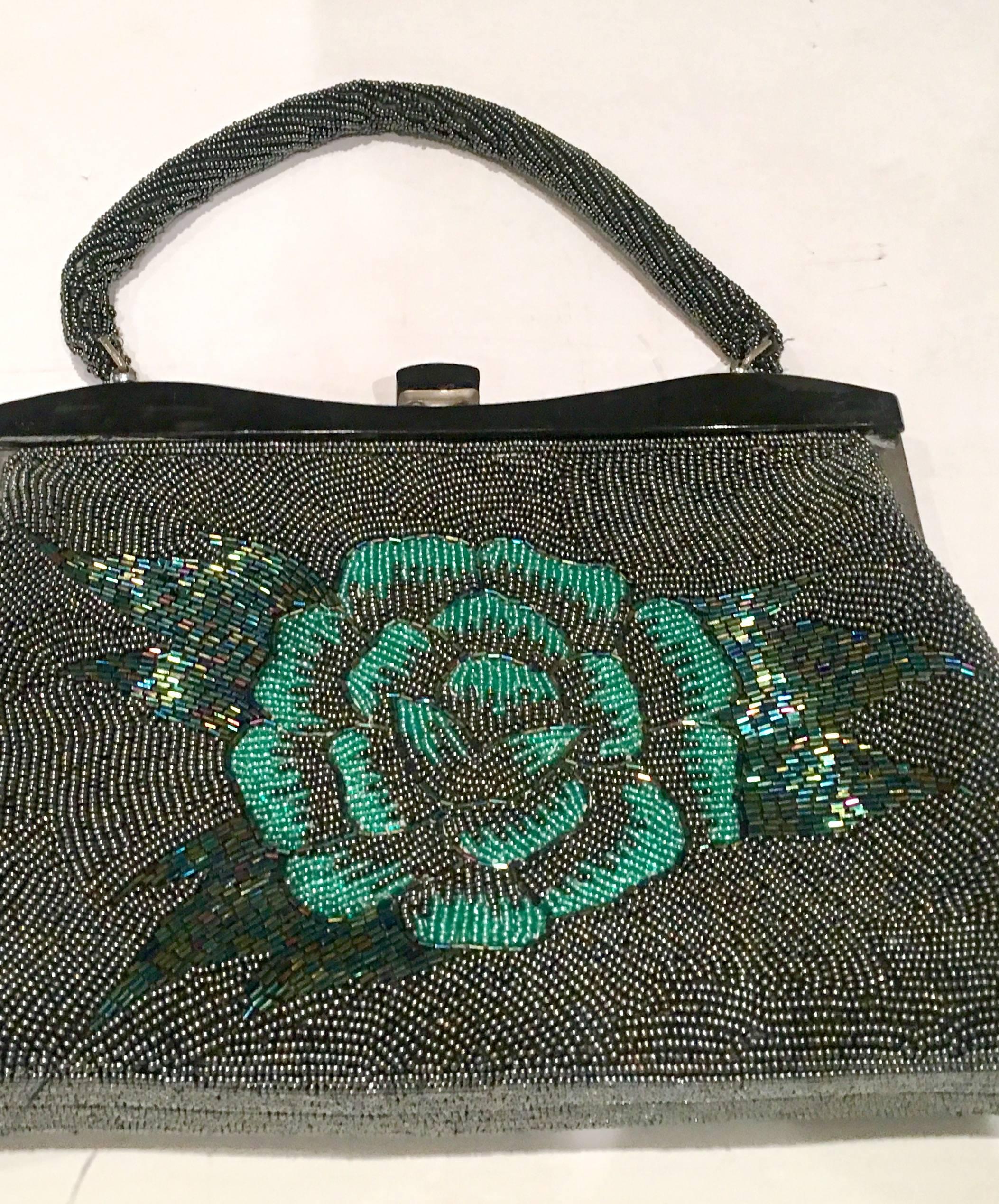 Black 1950'S Art Glass Bead & Lucite Floral Hang Bag.