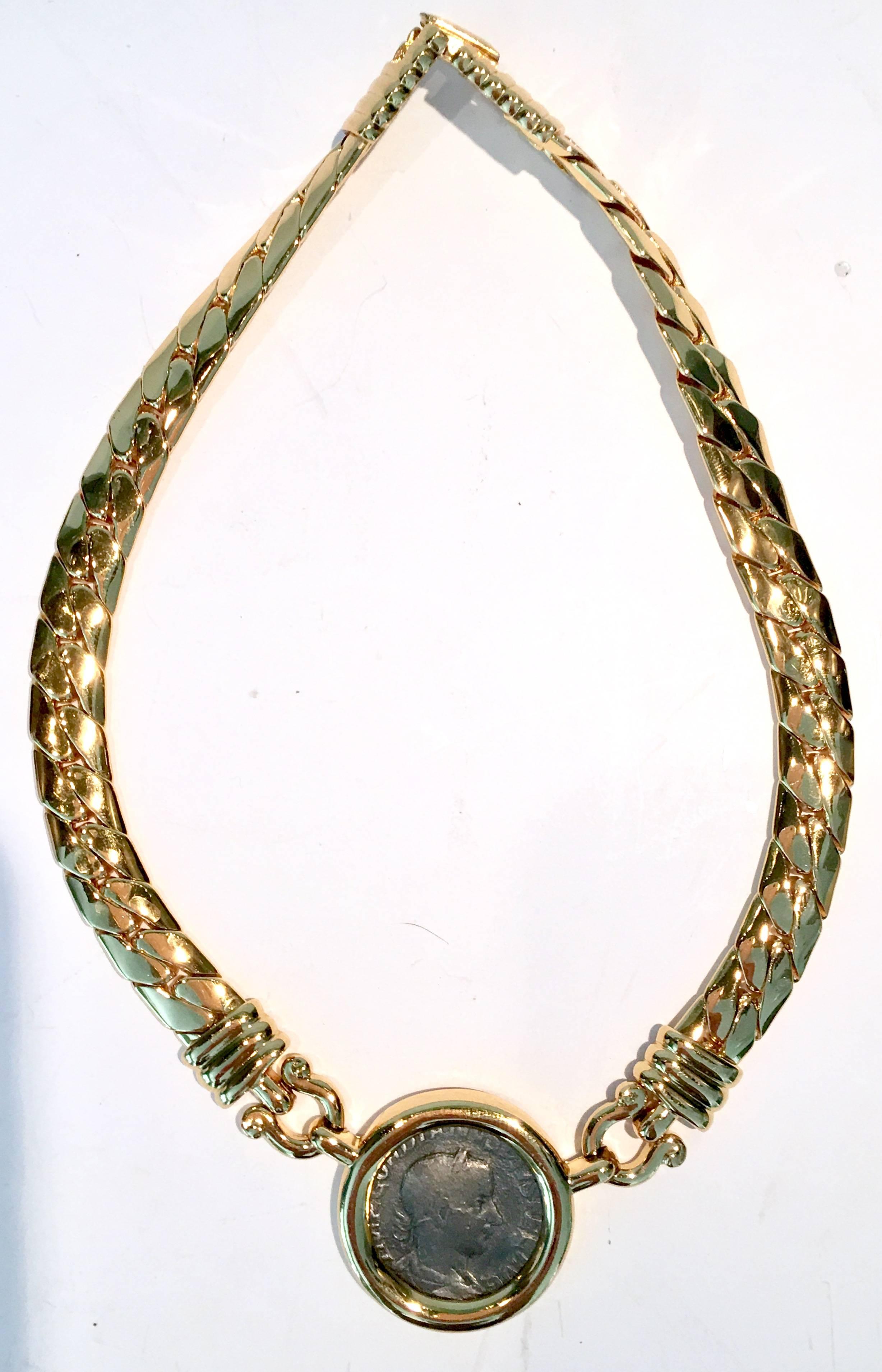 1980'S Gold-plate Omega choker style necklace with a pewter faux ancient roman coin. Roman coin measures, 1.5