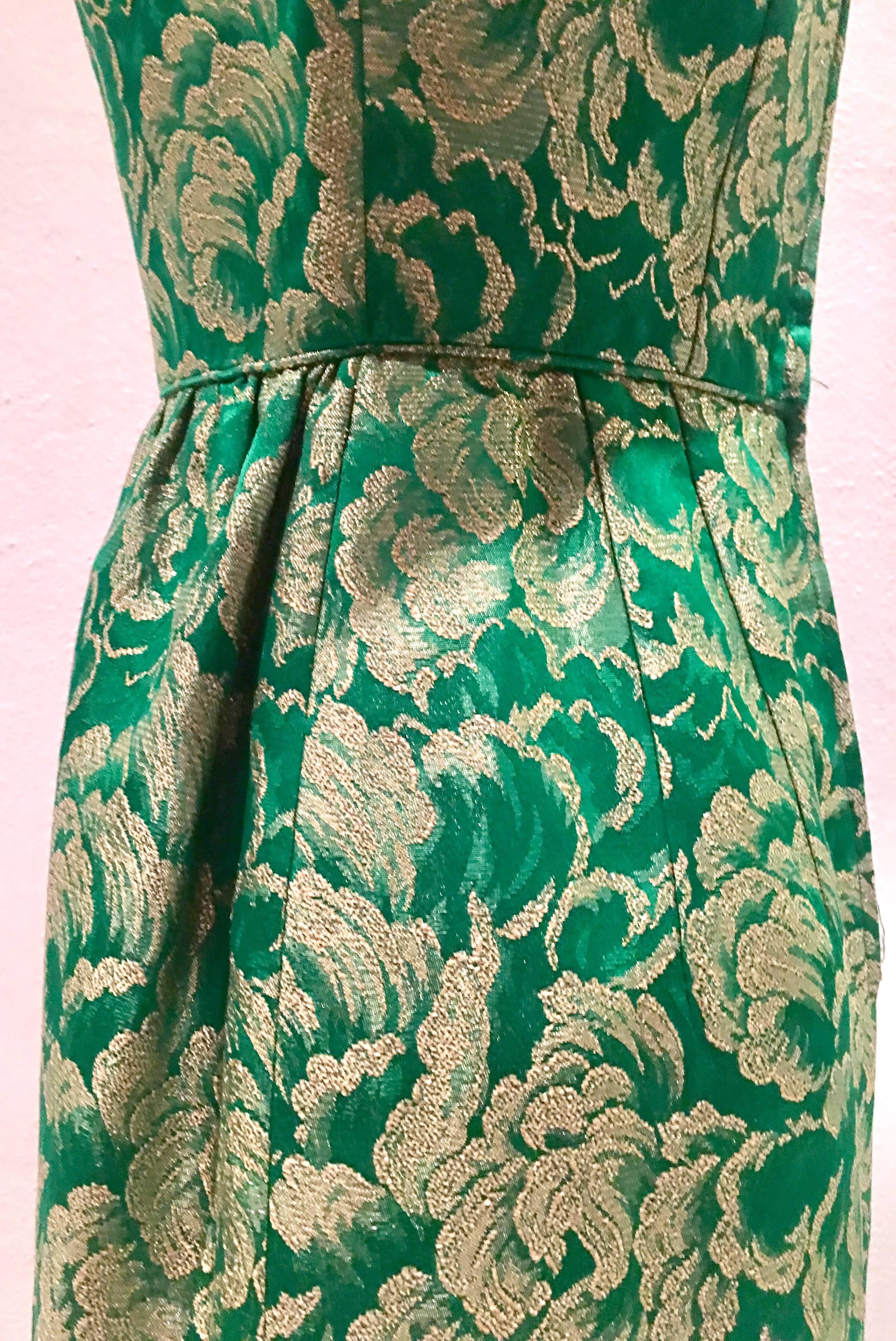 60'S Green & Gold Metallic Brocade Full Length Cocktail Dress  2