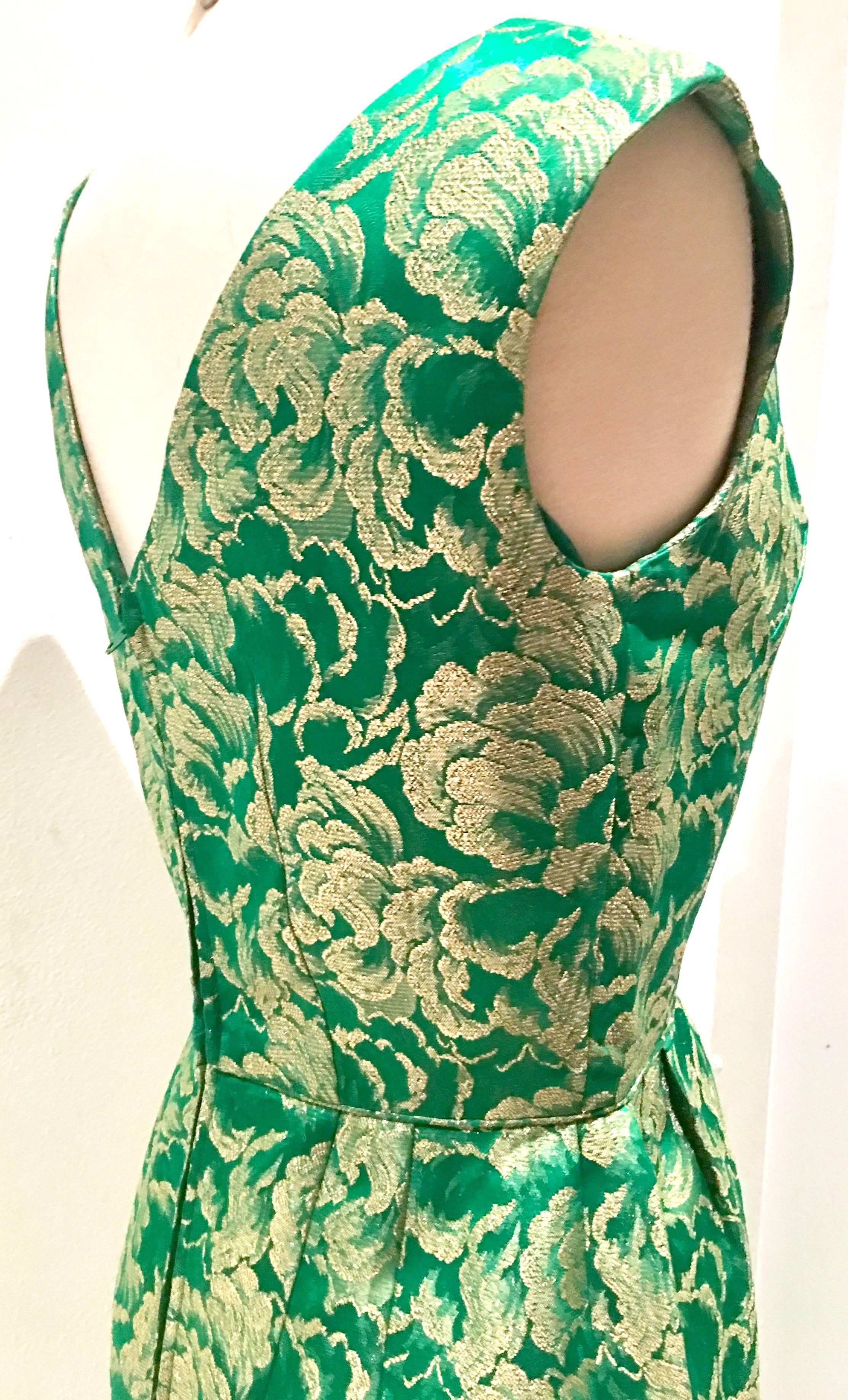 60'S Green & Gold Metallic Brocade Full Length Cocktail Dress  1