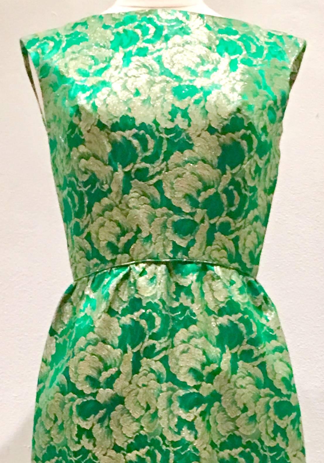 60'S Green & Gold Metallic Brocade Full Length Cocktail Dress  In Excellent Condition In West Palm Beach, FL