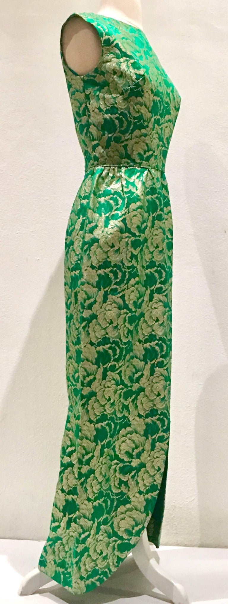 60'S Green and Gold Metallic Brocade Full Length Cocktail Dress at 1stdibs