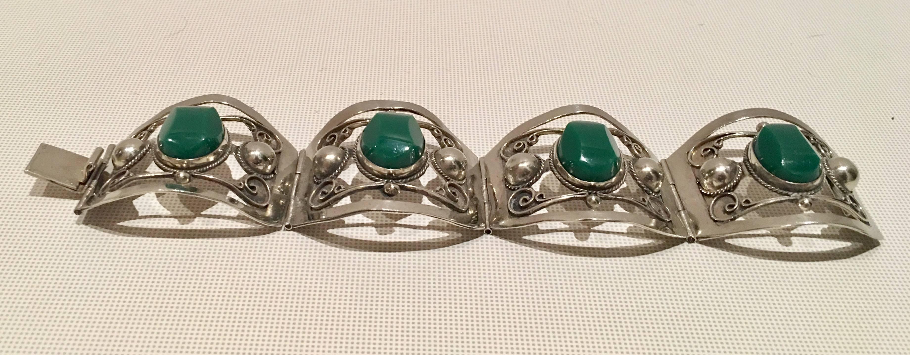 Women's or Men's Vintage Sterling Silver & Polished Chalcedony Link Bracelet-Signed Mexico