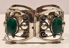 Vintage Sterling Silver & Polished Chalcedony Link Bracelet-Signed Mexico