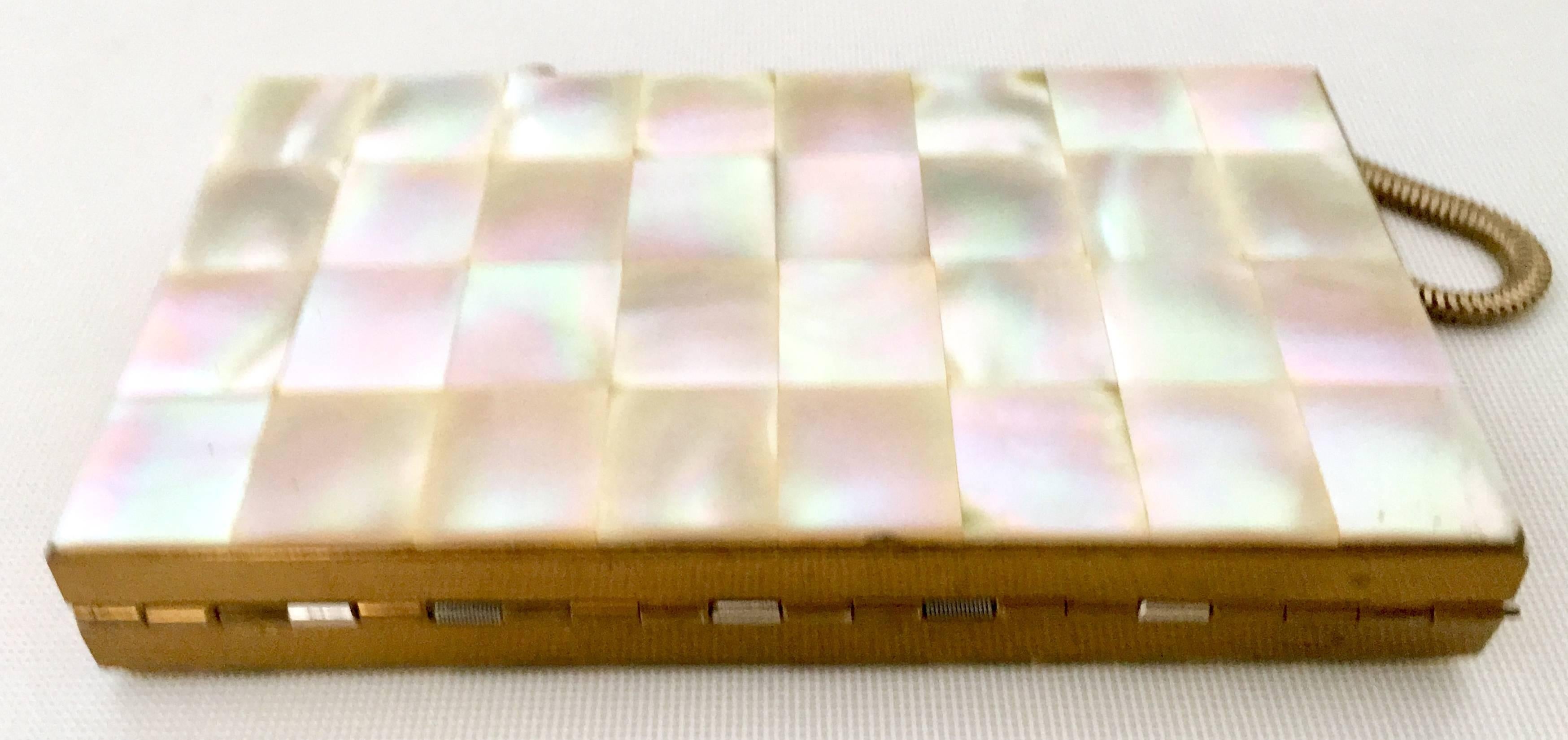 Beige 1940'S Mother Of Pearl and Brass Double Sided Minaudiere Compact