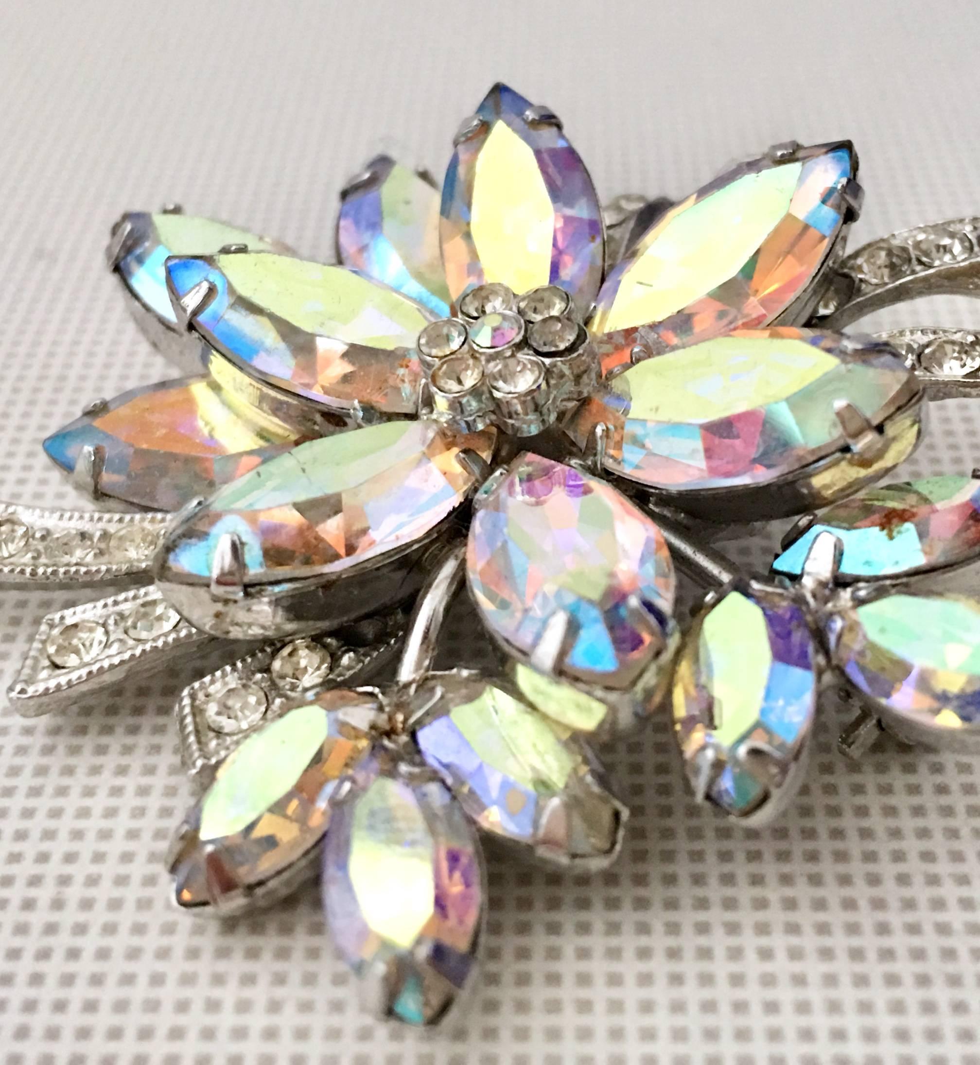 1960'S Austrian Crystal Rhinestone Silver Flower Brooch By, Weiss In Excellent Condition For Sale In West Palm Beach, FL