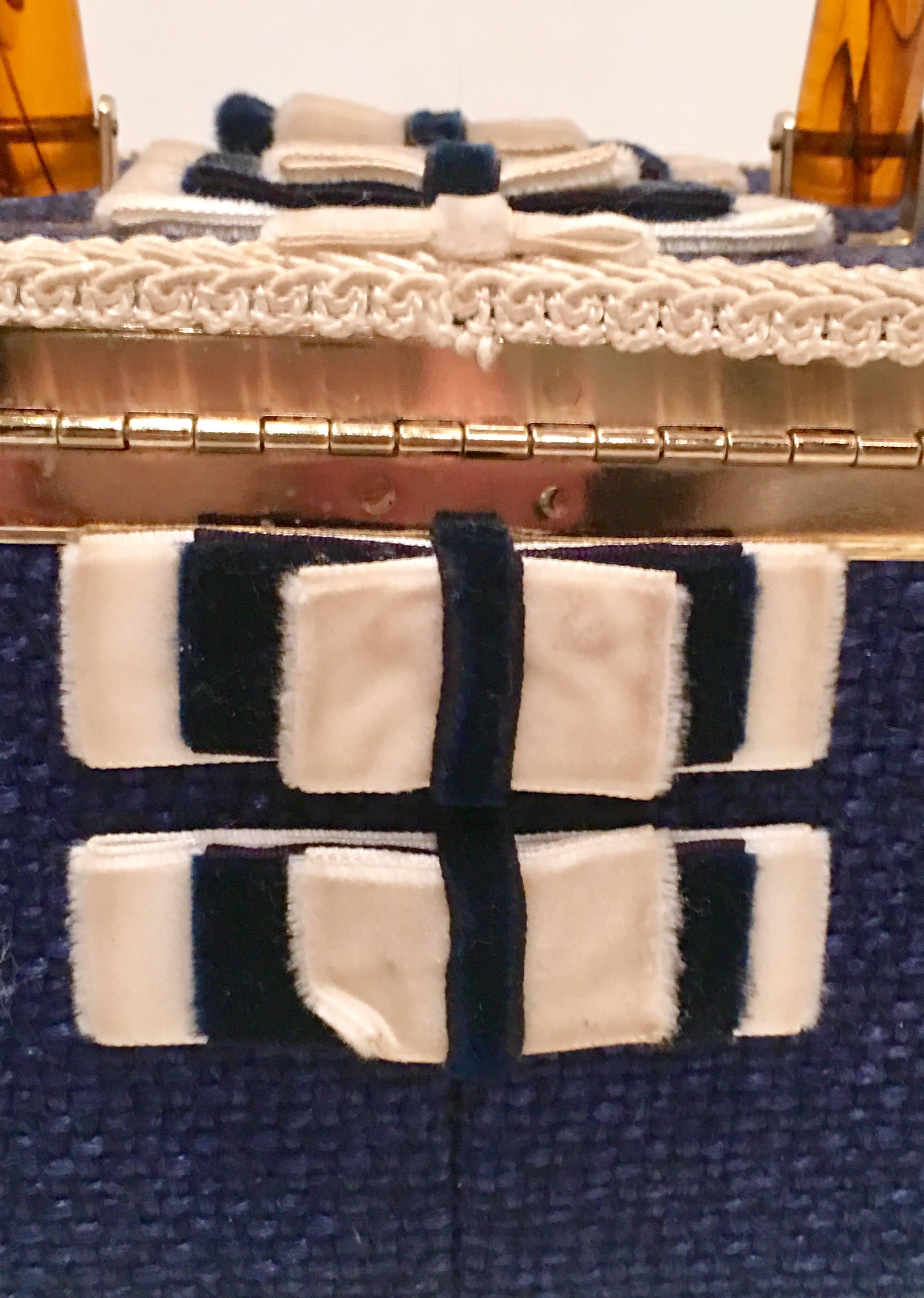JR Florida Lucite Embroidered Monogram Box Handbag, 1950s  1