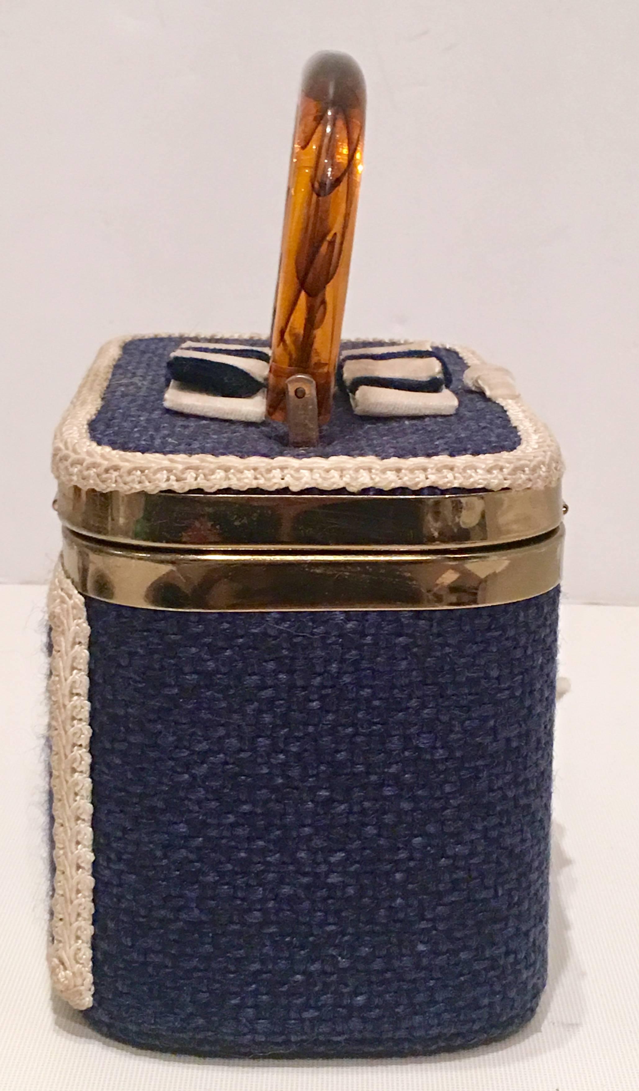 Brown JR Florida Lucite Embroidered Monogram Box Handbag, 1950s 