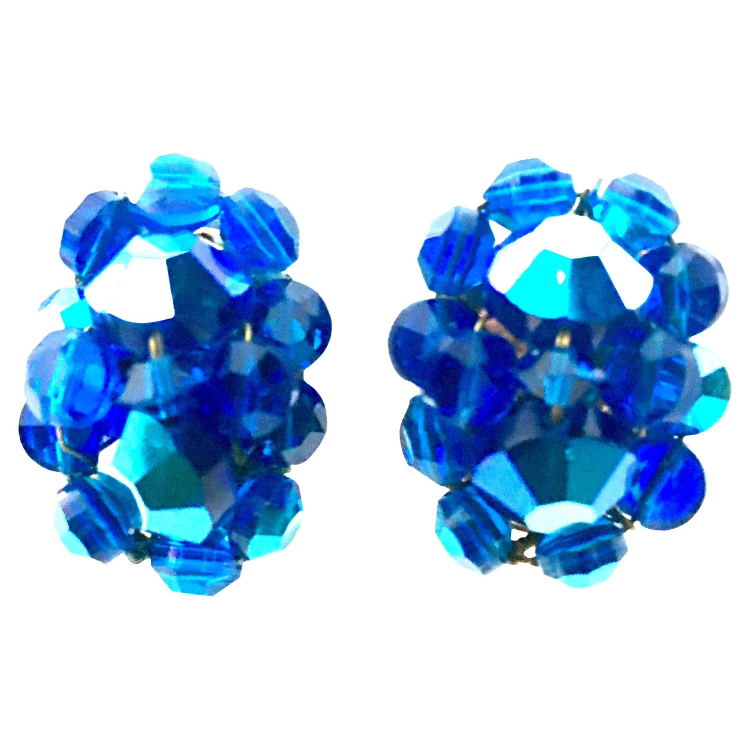 50'S Silver & Peacock Blue Art Glass Bead & Swarovski Crystal Rivoli Earrings For Sale